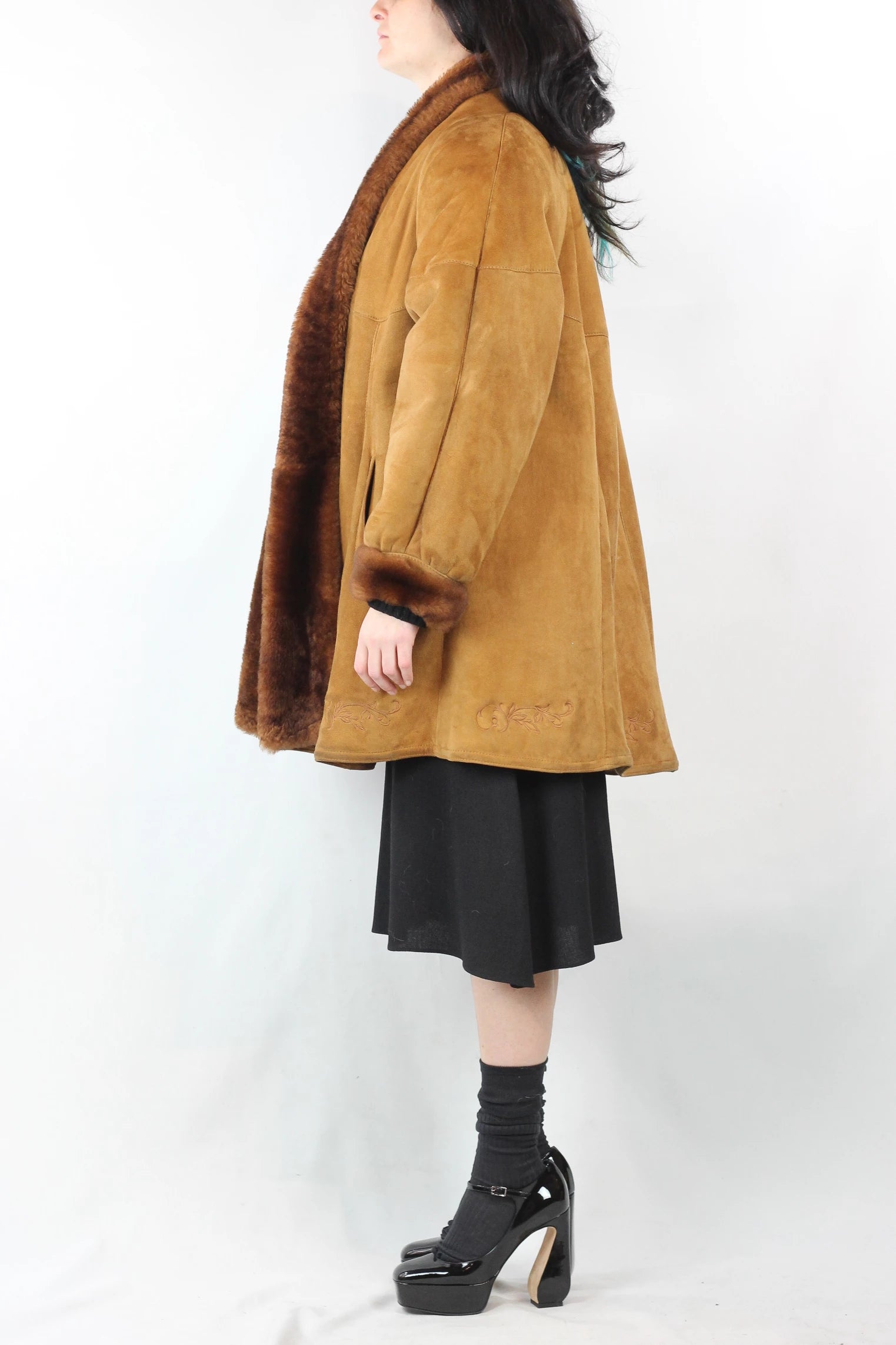 Caramel Shearling Coat with Oversized Trapeze Fit