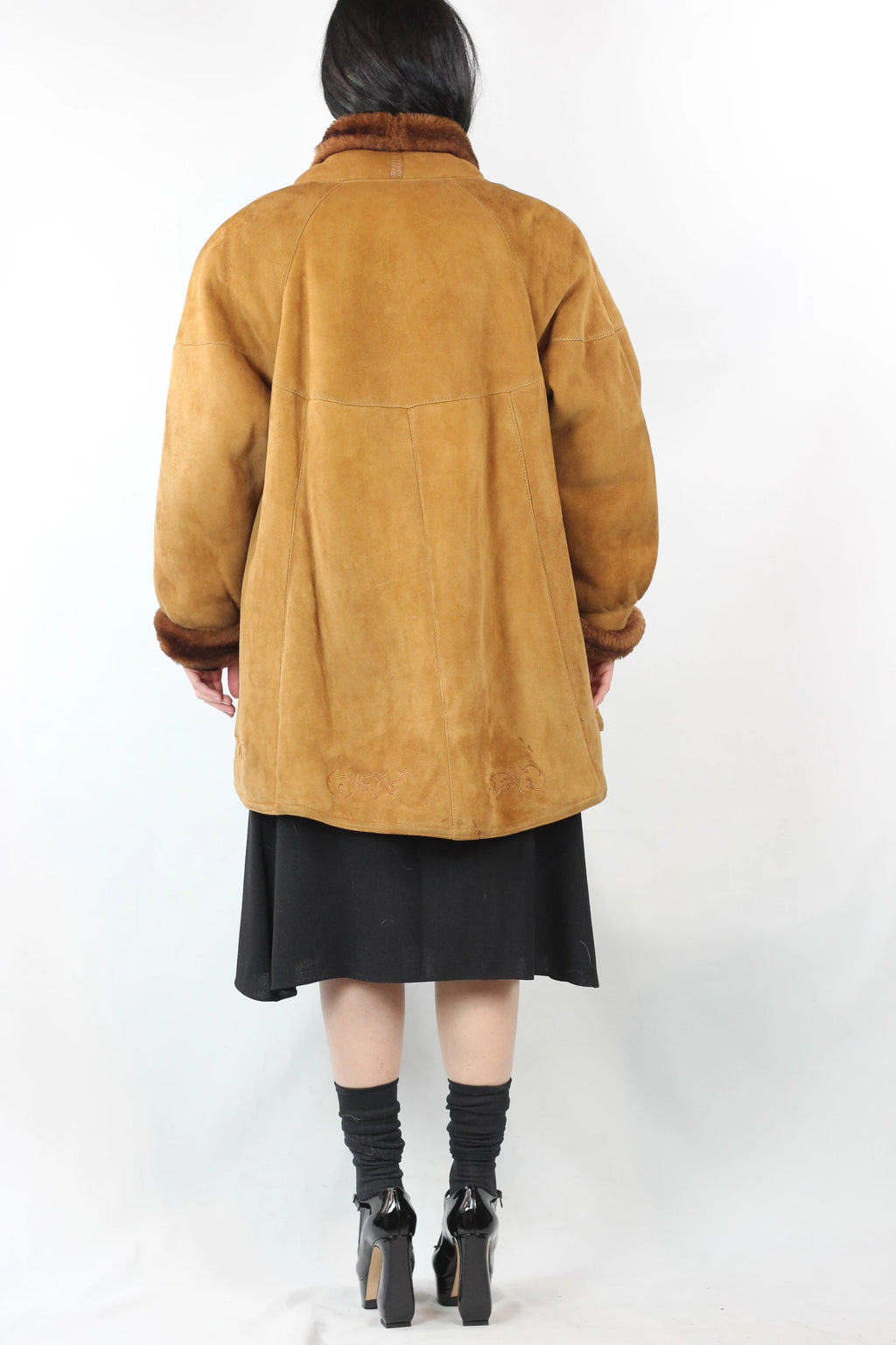 Caramel Shearling Coat with Oversized Trapeze Fit