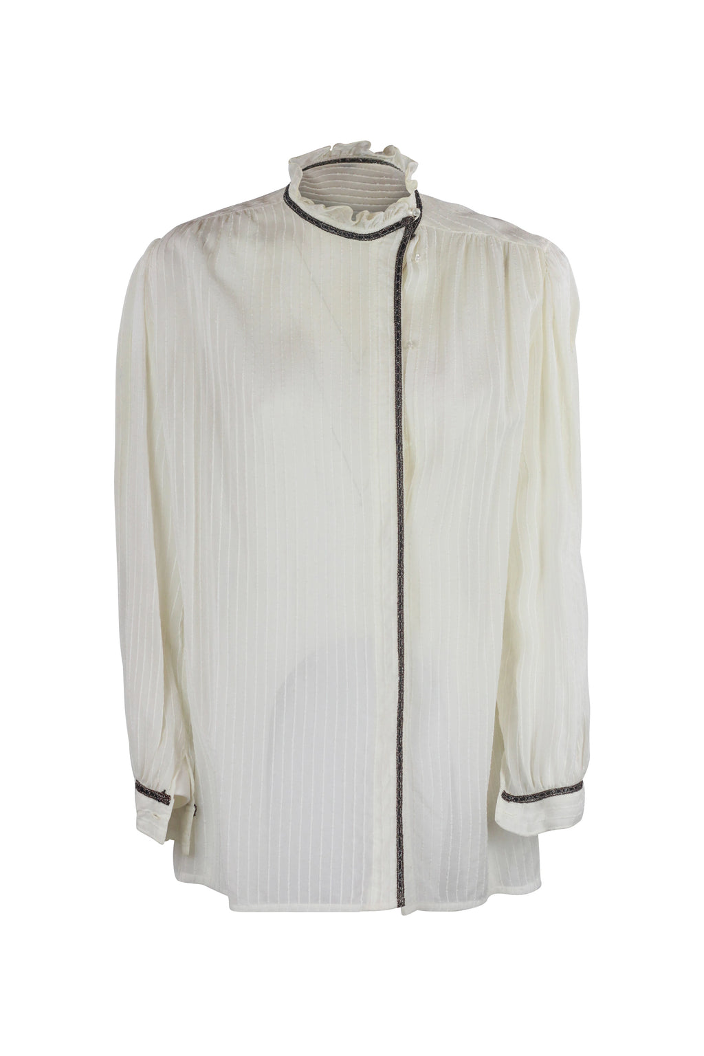 Striped Silk Shirt Ruched Collar