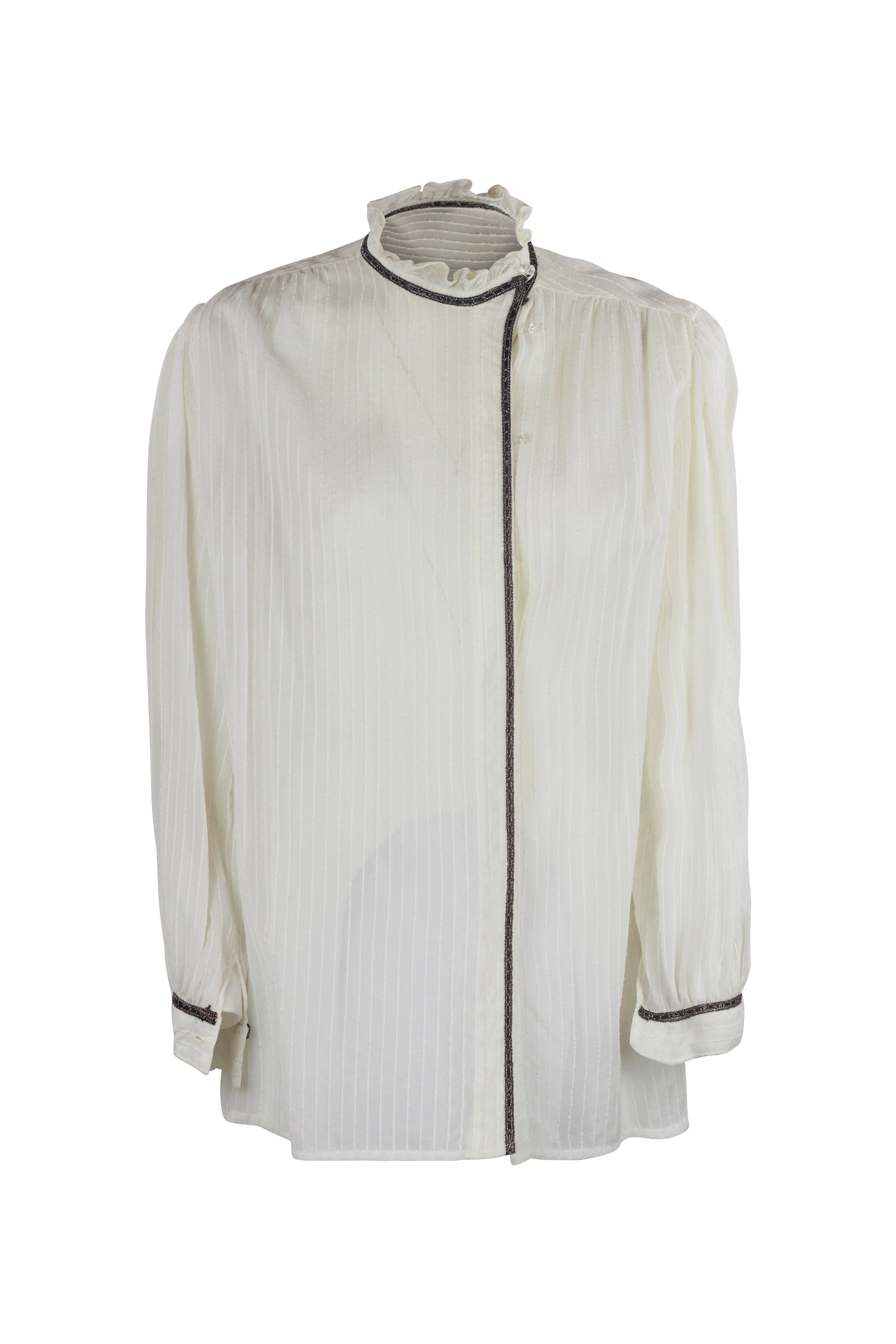 Striped Silk Shirt Ruched Collar