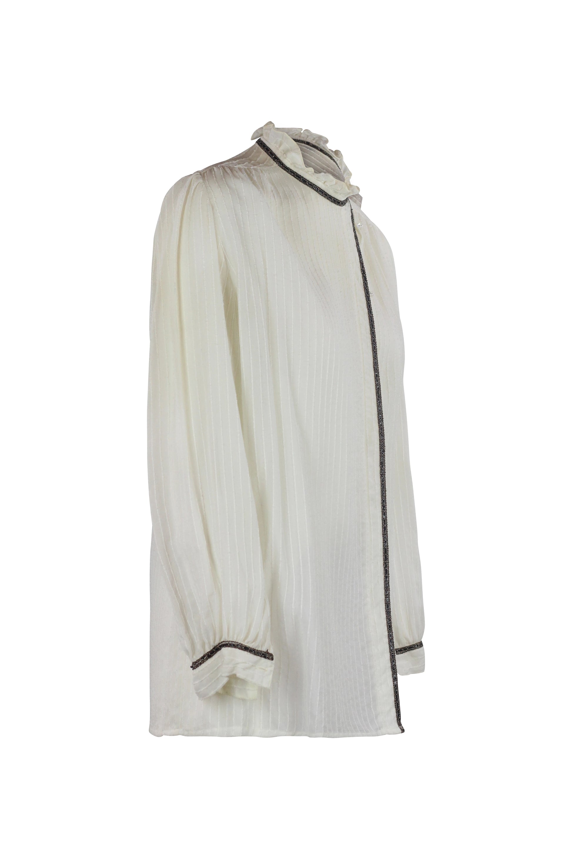 Striped Silk Shirt Ruched Collar
