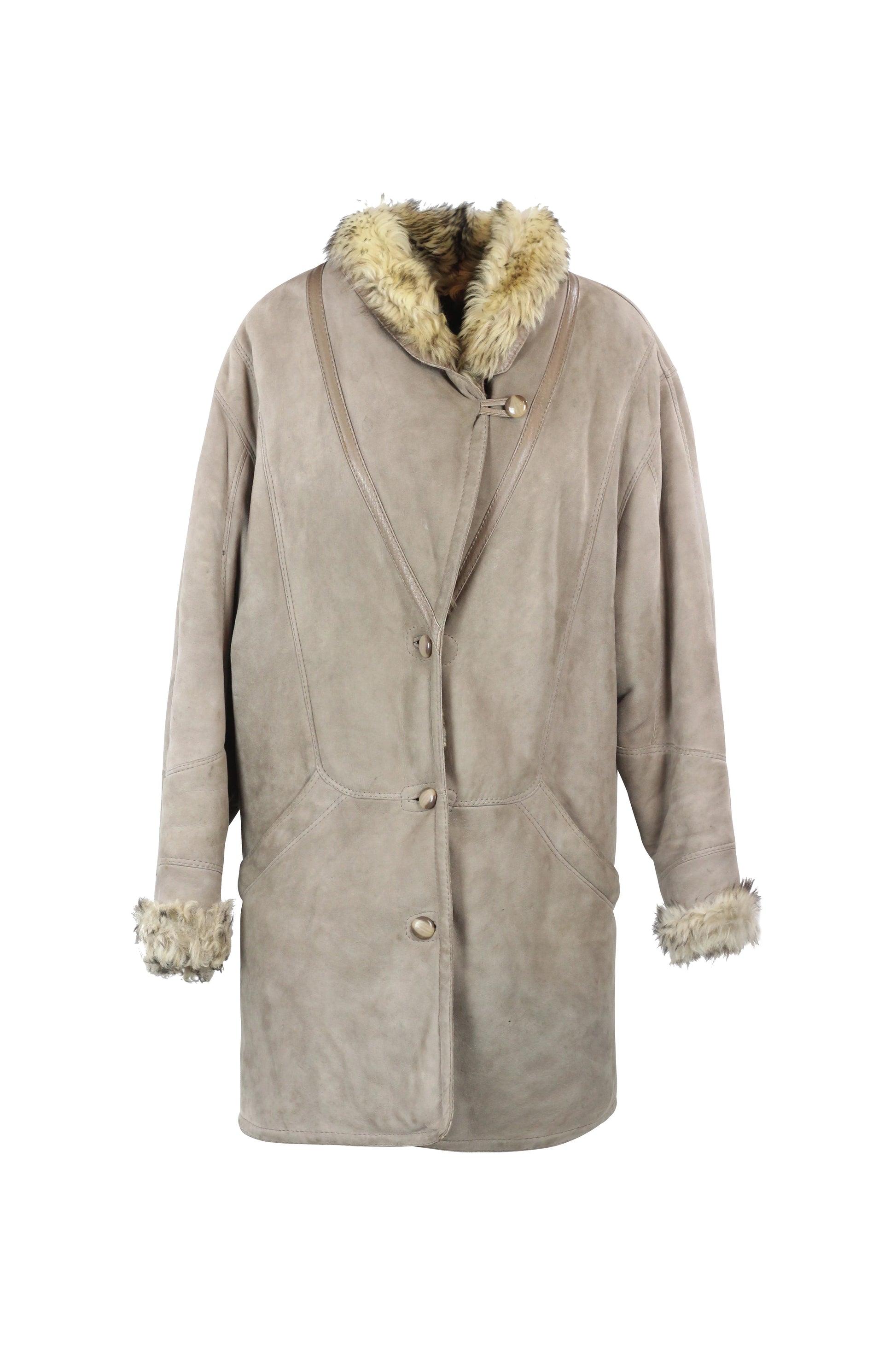 Taupe Shearling Coat with Asymmetric Closure