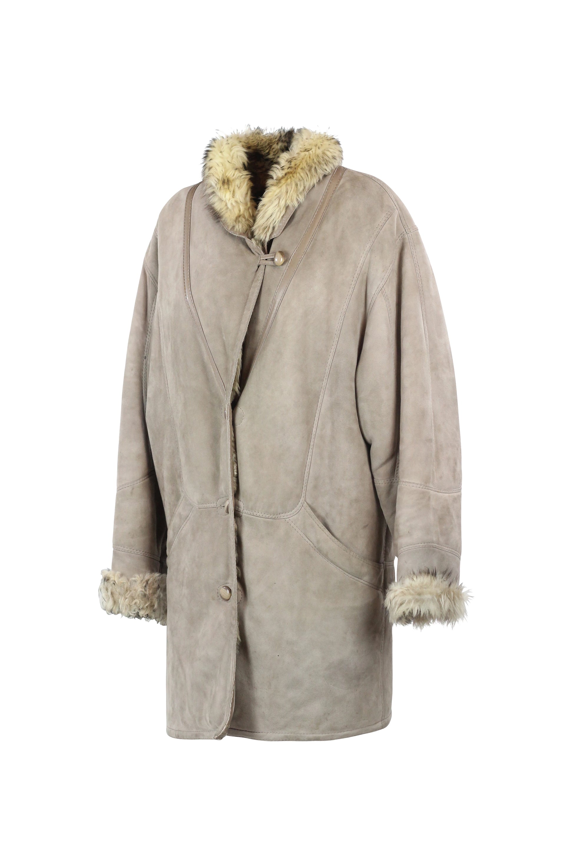Taupe Shearling Coat with Asymmetric Closure