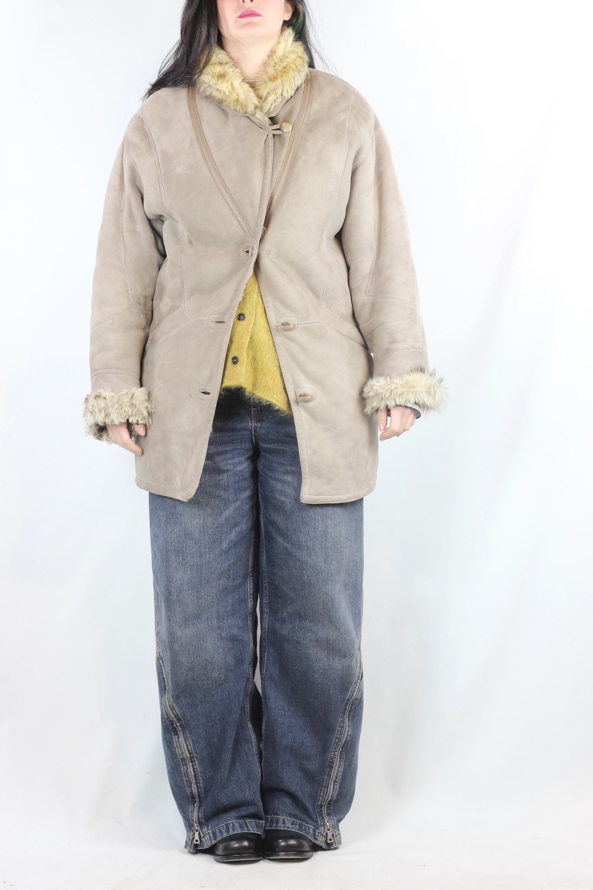 Taupe Shearling Coat with Asymmetric Closure