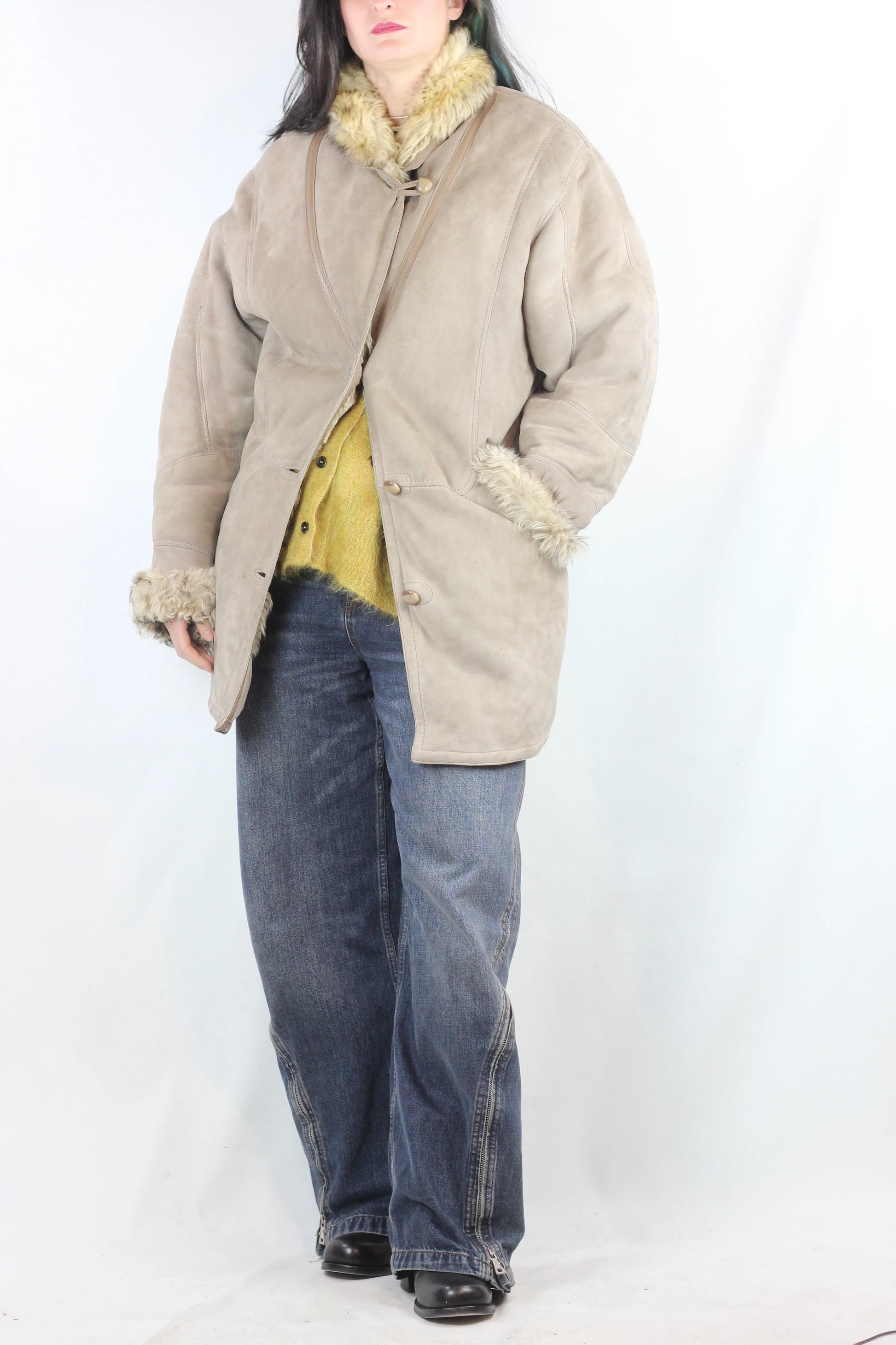 Taupe Shearling Coat with Asymmetric Closure