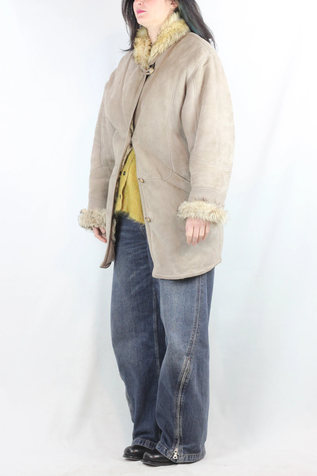 Taupe Shearling Coat with Asymmetric Closure