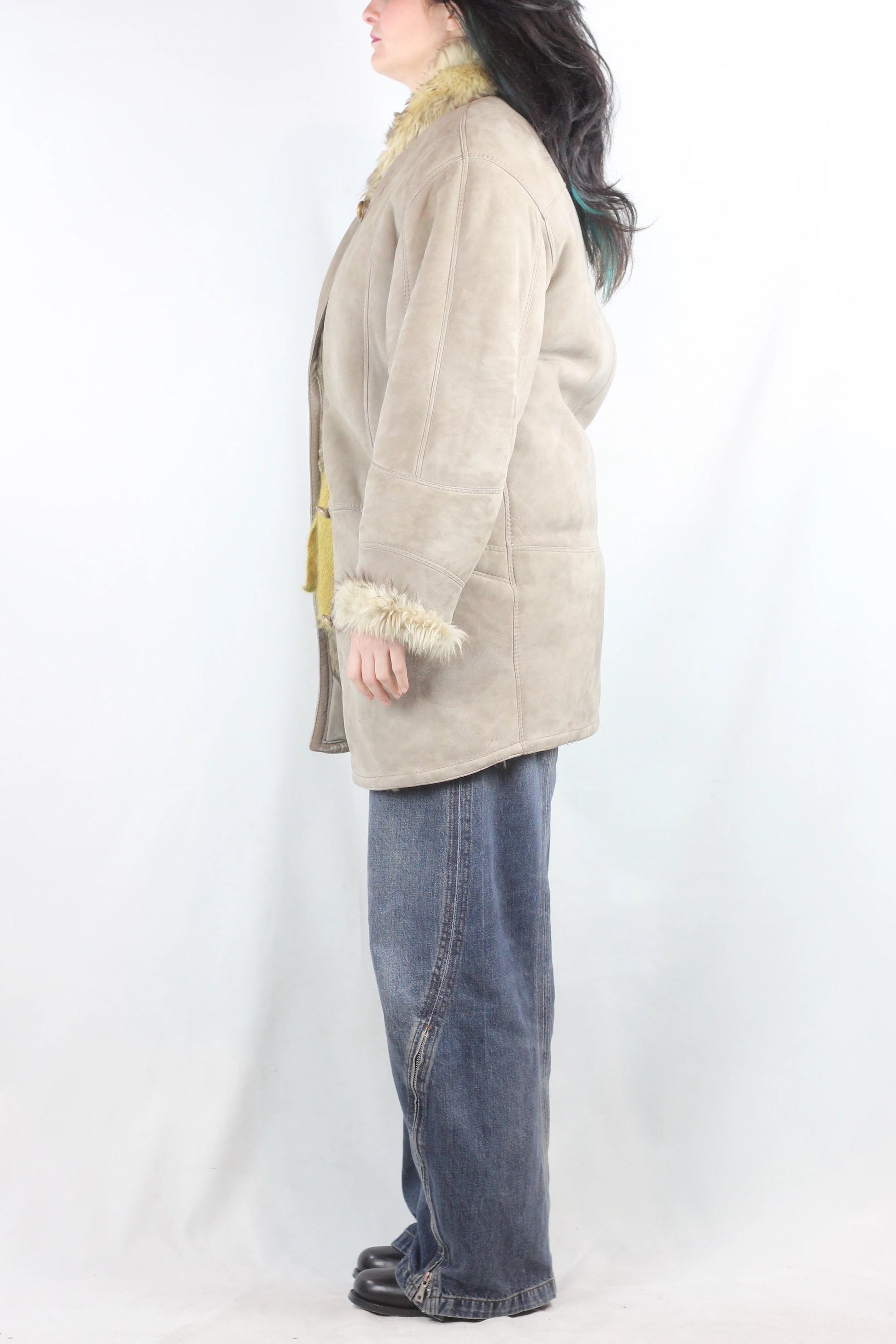 Taupe Shearling Coat with Asymmetric Closure