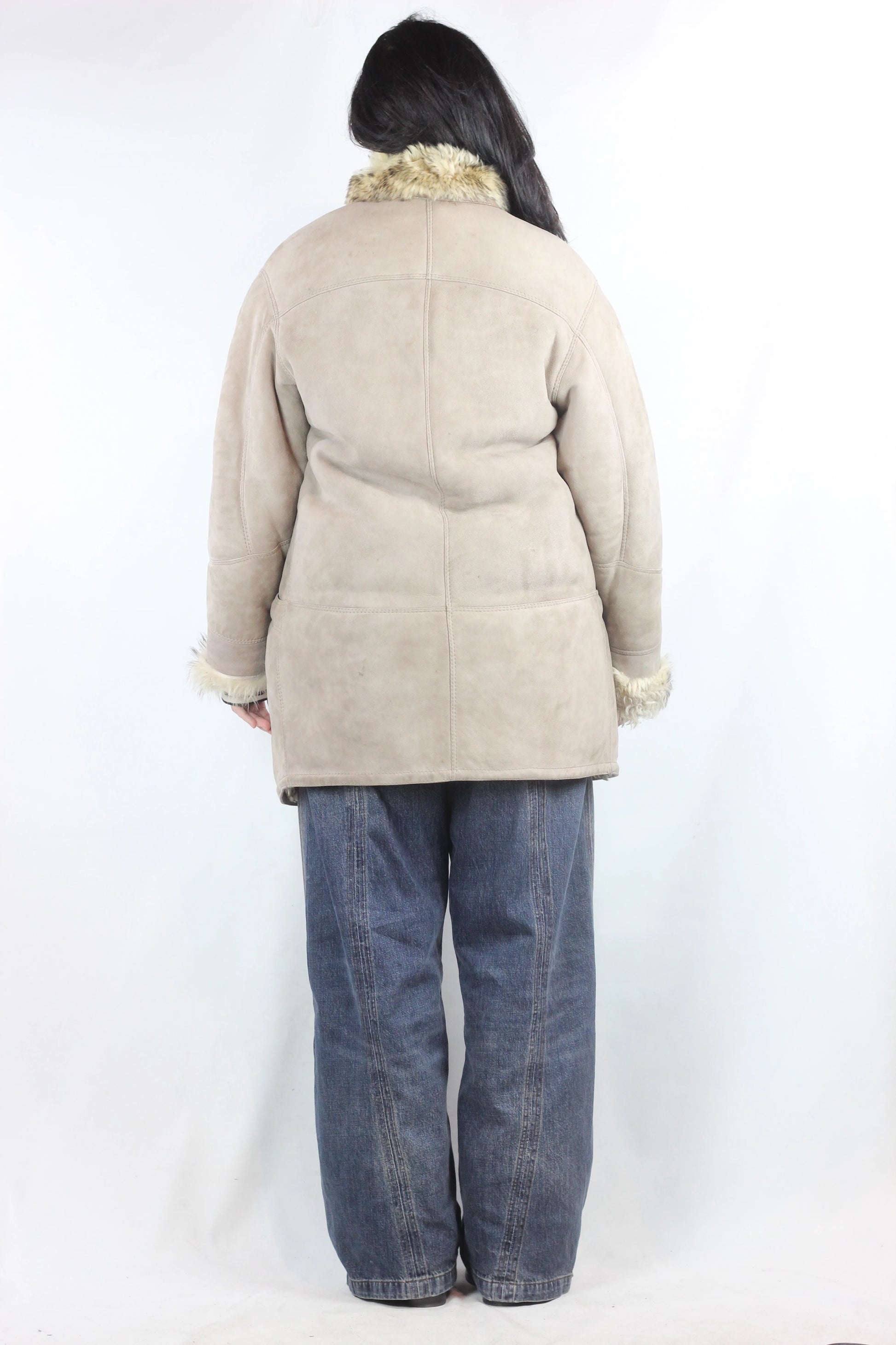 Taupe Shearling Coat with Asymmetric Closure