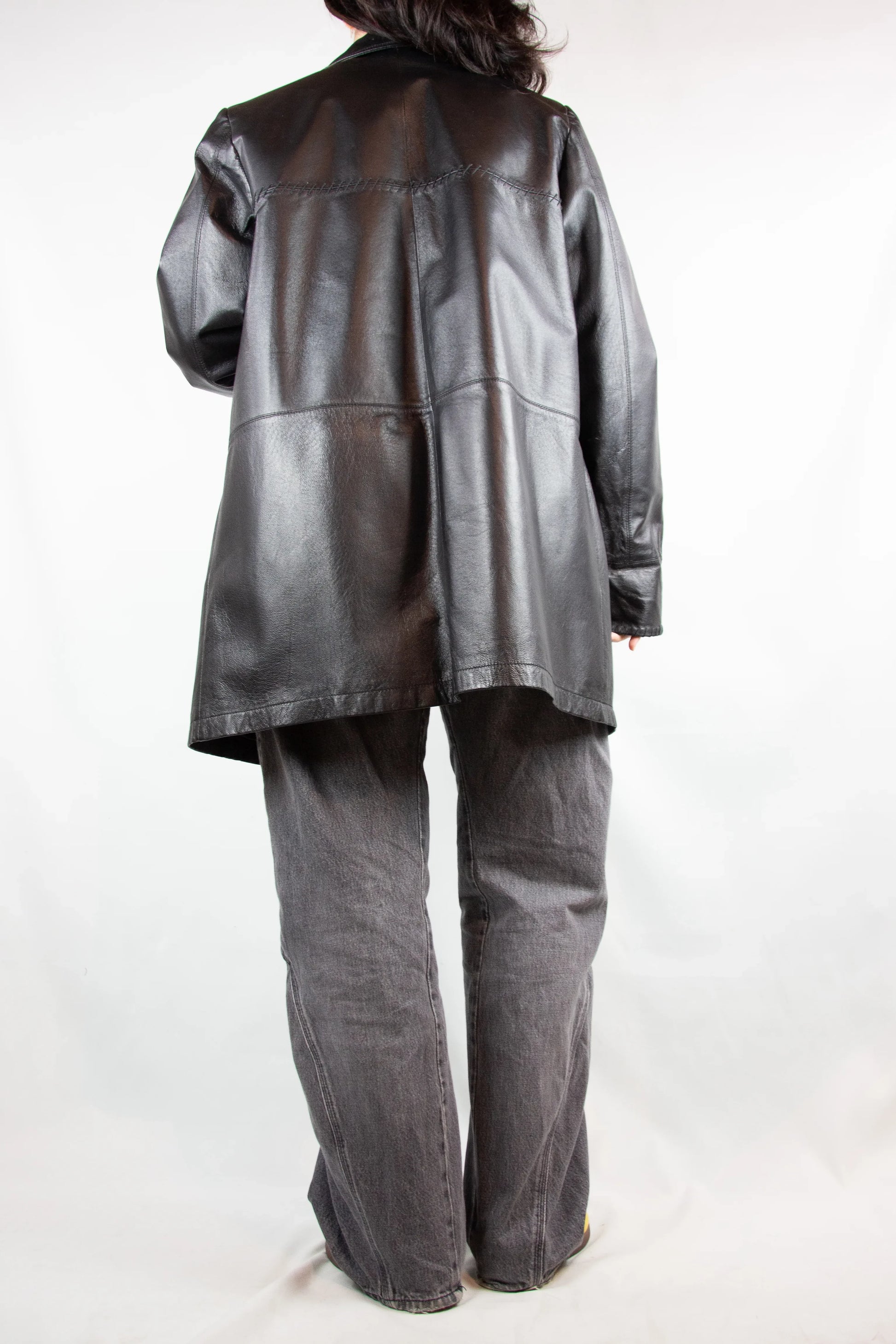 Black Leather Demicoat with Decorative Stitching