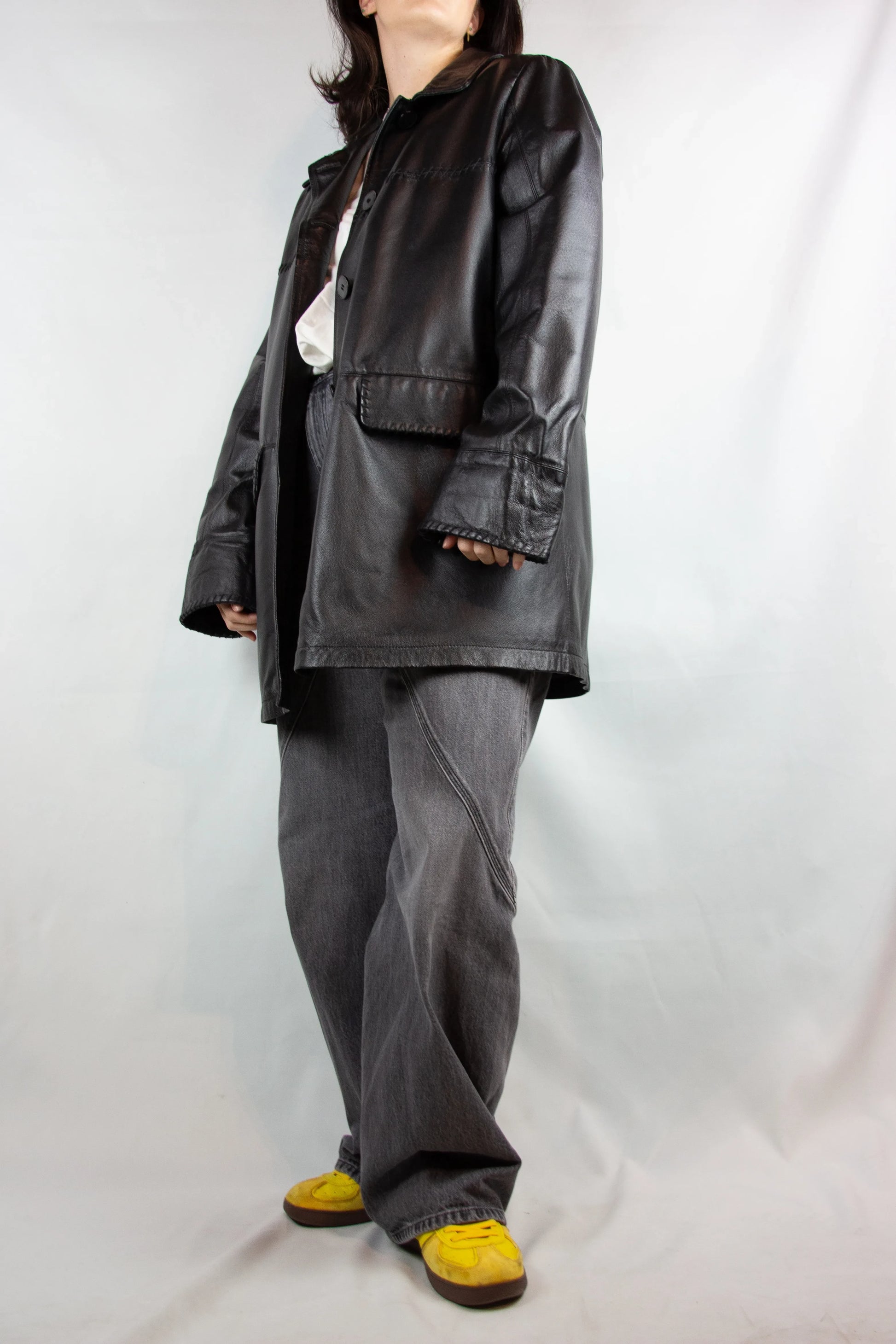 Black Leather Demicoat with Decorative Stitching