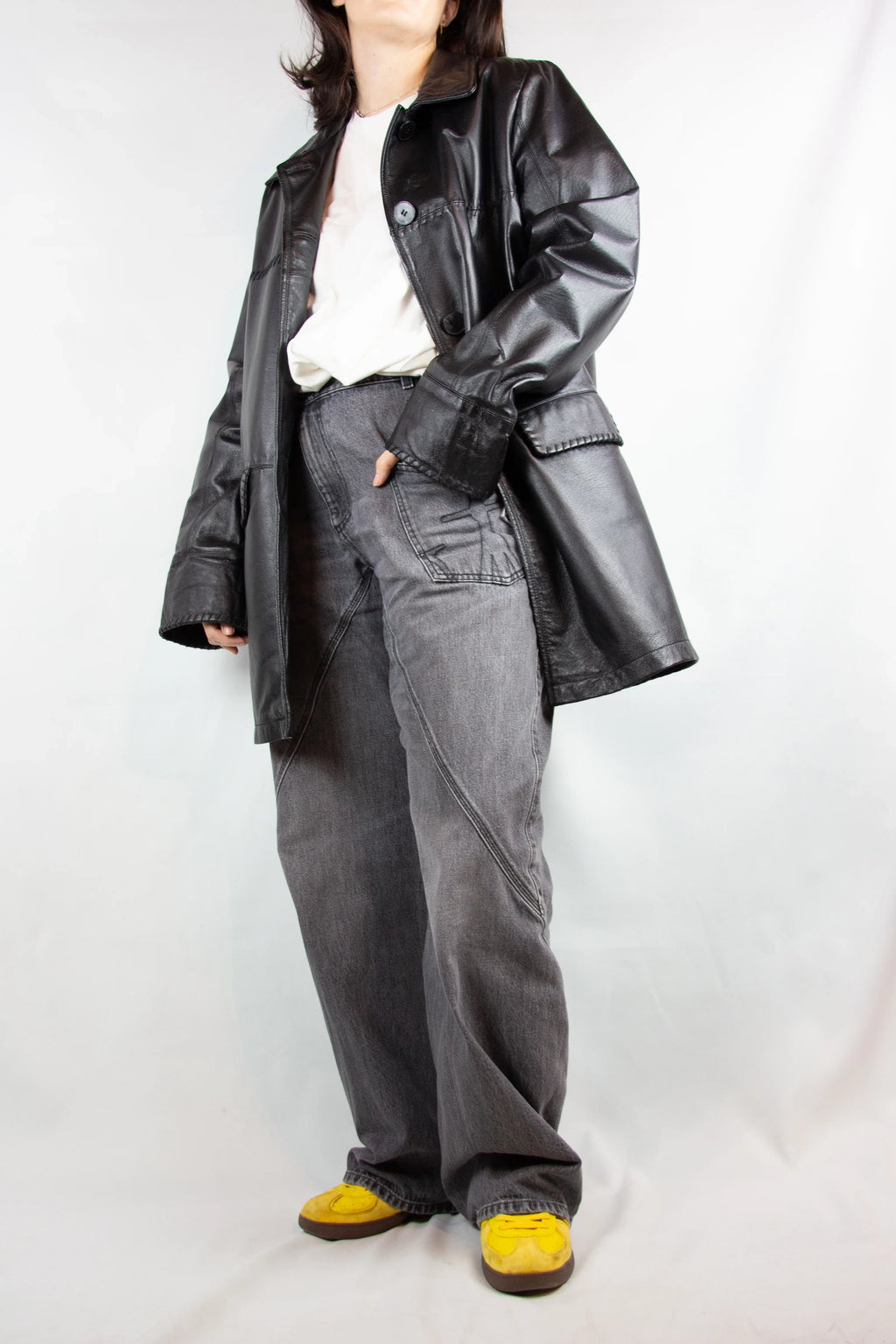 Black Leather Demicoat with Decorative Stitching