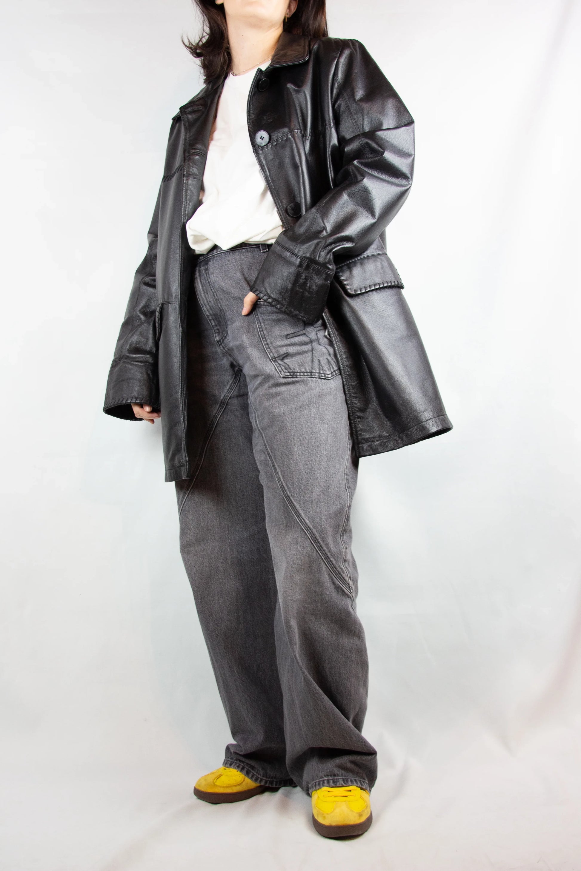 Black Leather Demicoat with Decorative Stitching