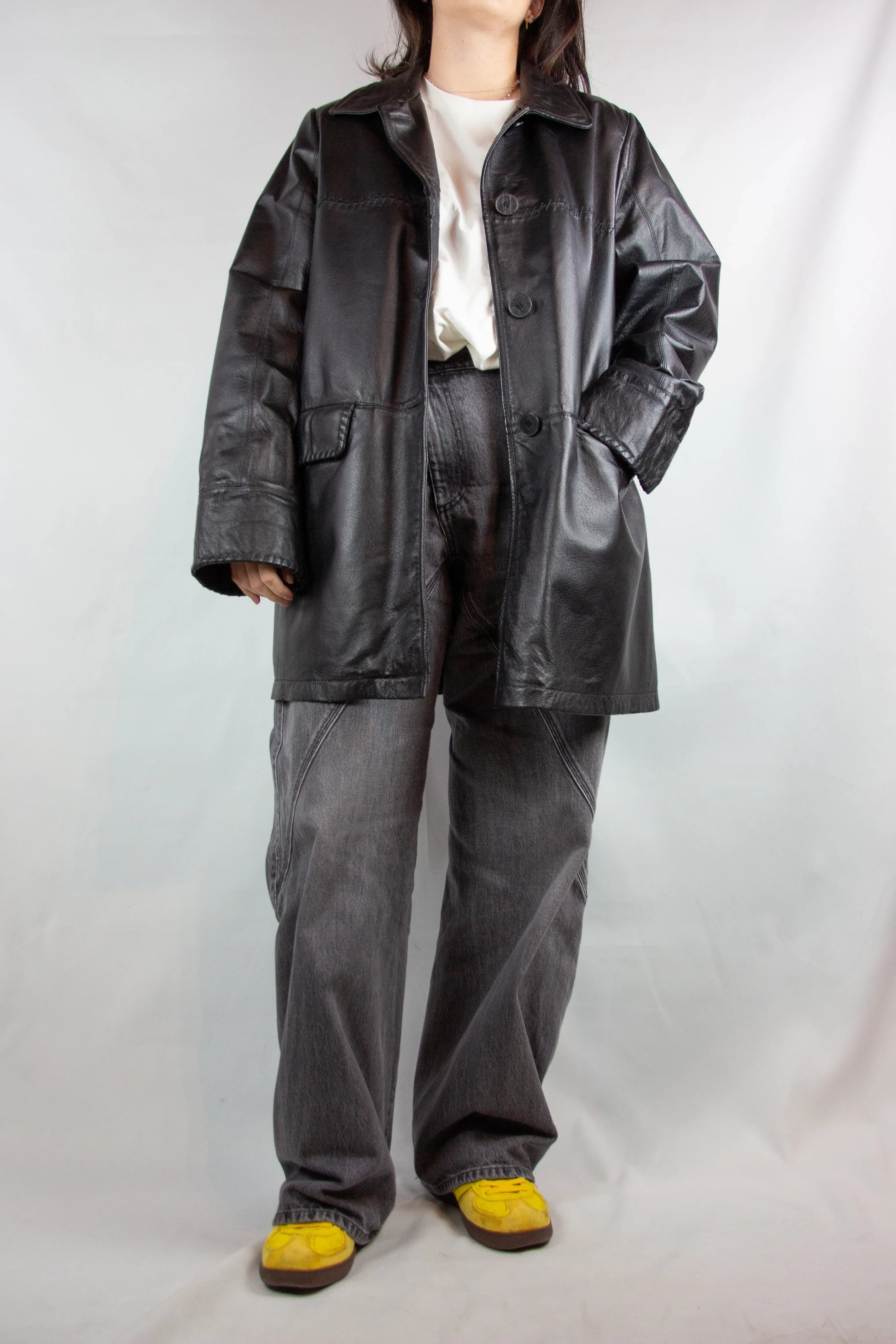 Black Leather Demicoat with Decorative Stitching