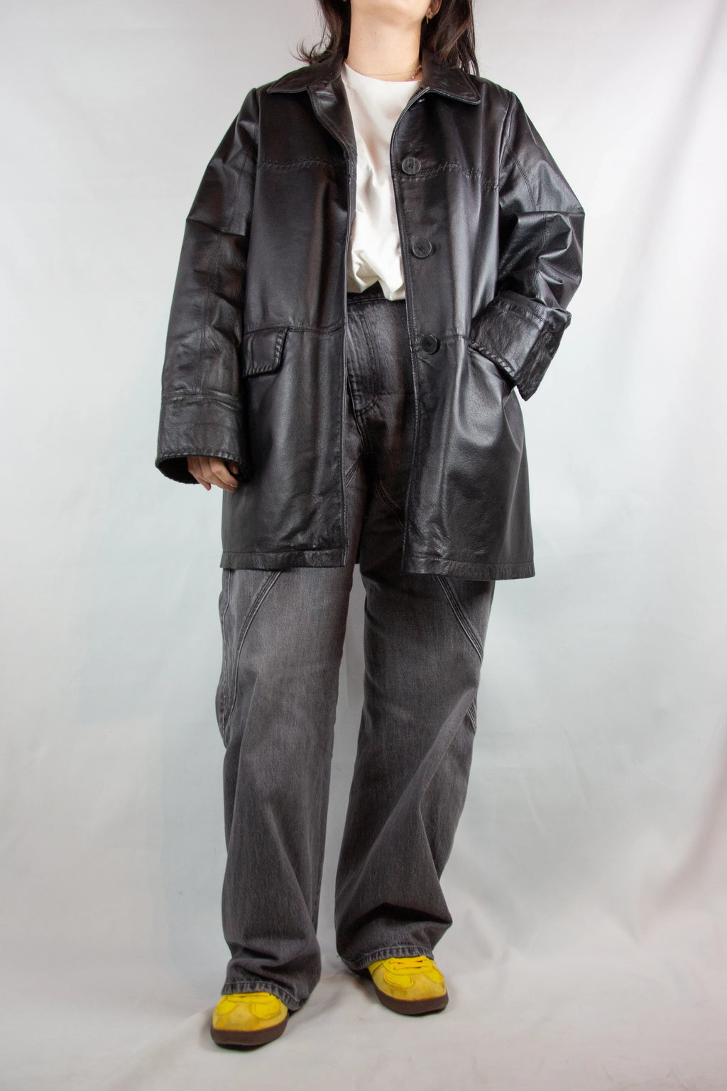 Black Leather Demicoat with Decorative Stitching