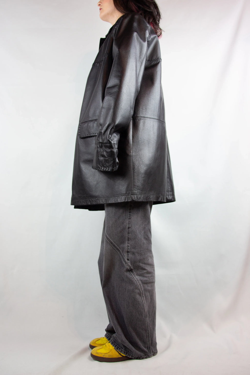 Black Leather Demicoat with Decorative Stitching