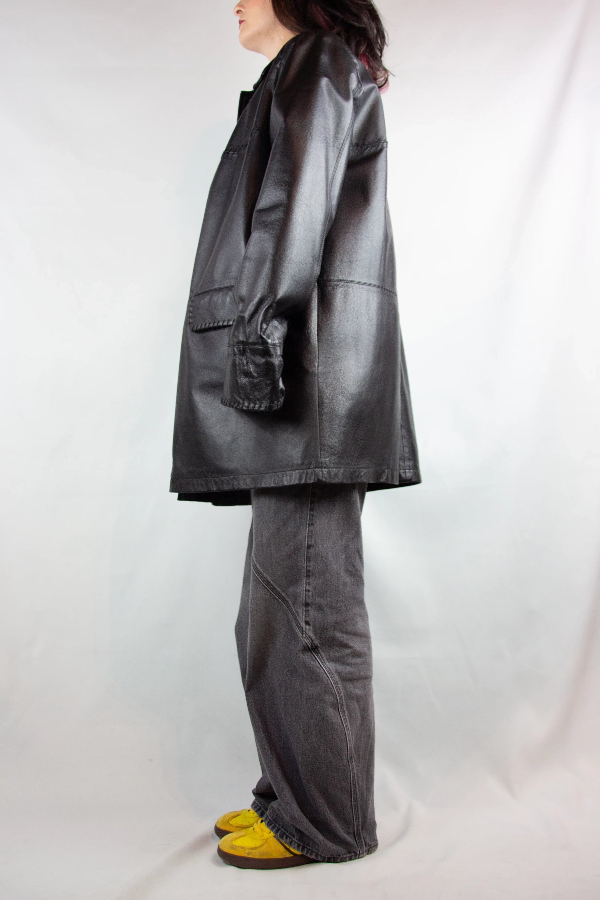 Black Leather Demicoat with Decorative Stitching