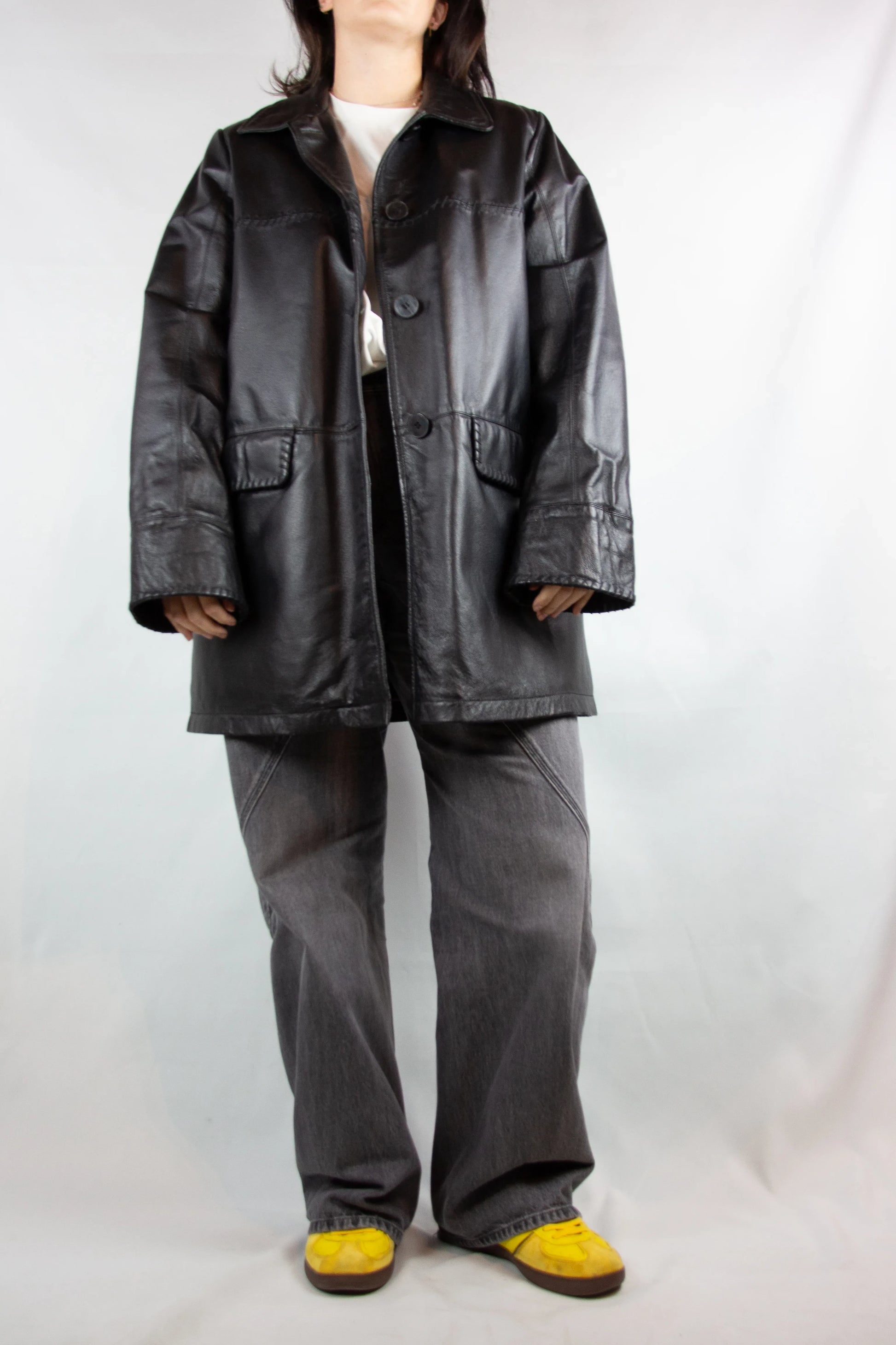 Black Leather Demicoat with Decorative Stitching