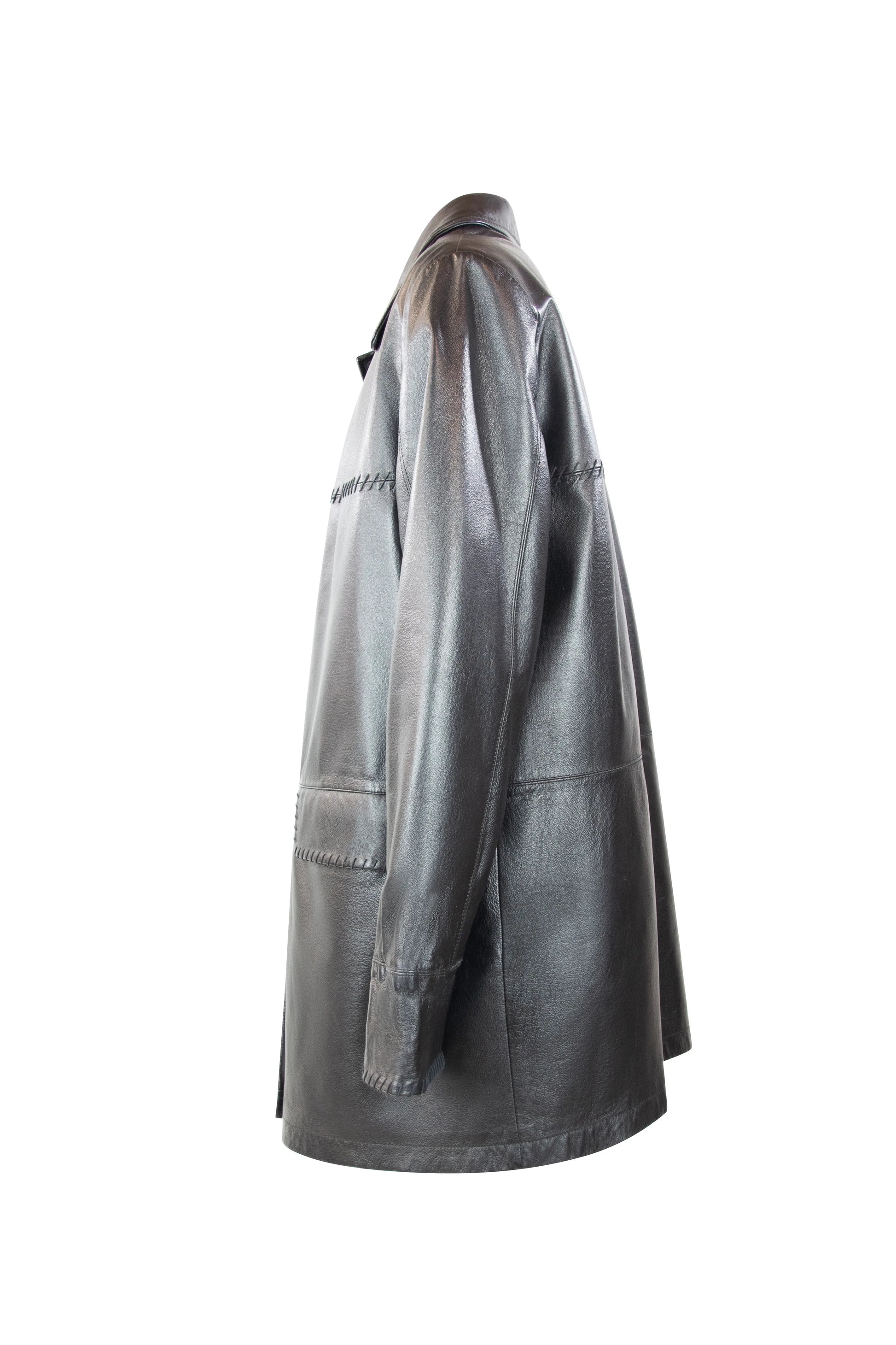 Black Leather Demicoat with Decorative Stitching
