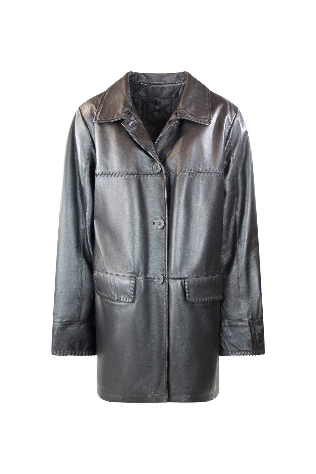 Black Leather Demicoat with Decorative Stitching