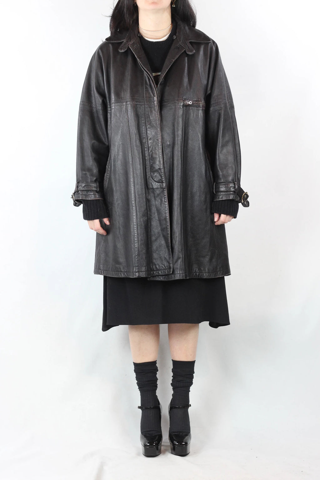 Oversized Leather Trench Coat in Dark Brown