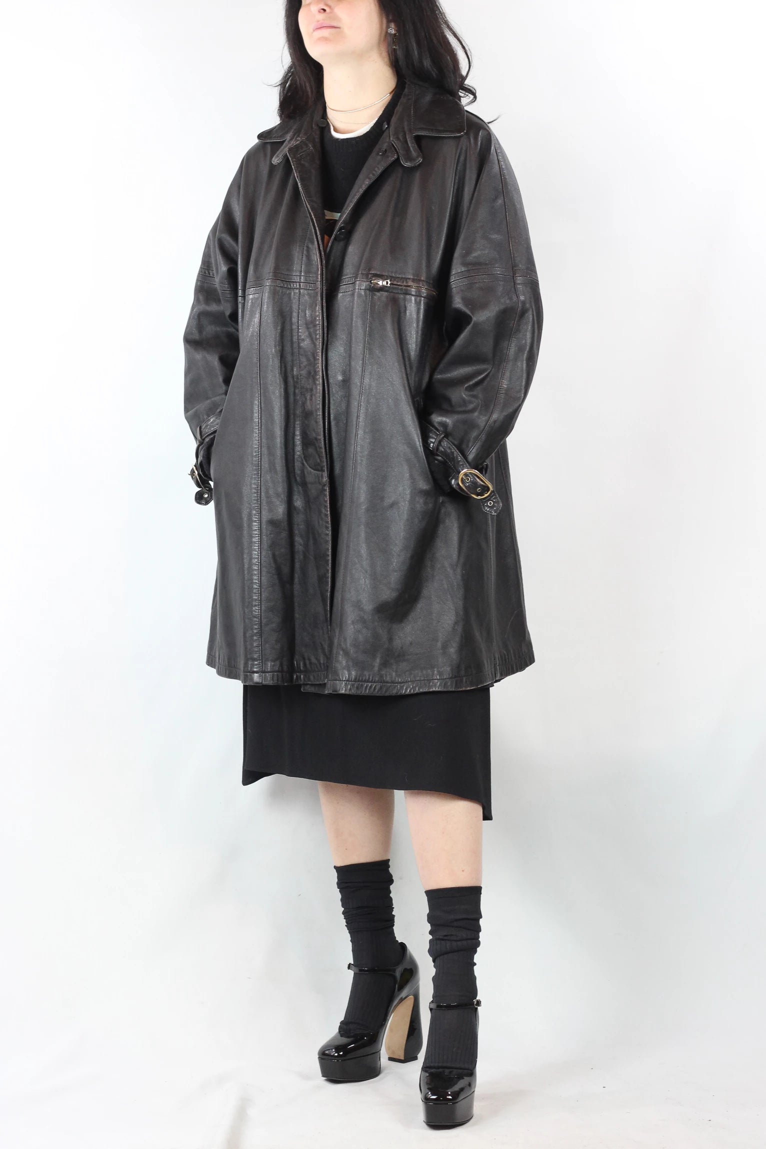Oversized Leather Trench Coat in Dark Brown