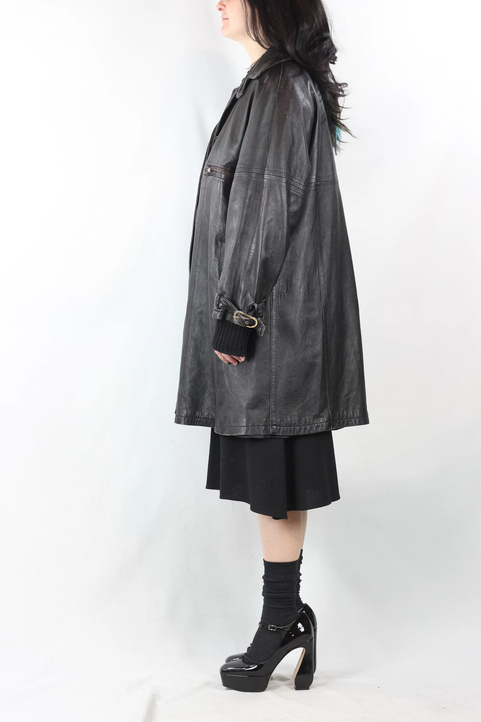 Oversized Leather Trench Coat in Dark Brown