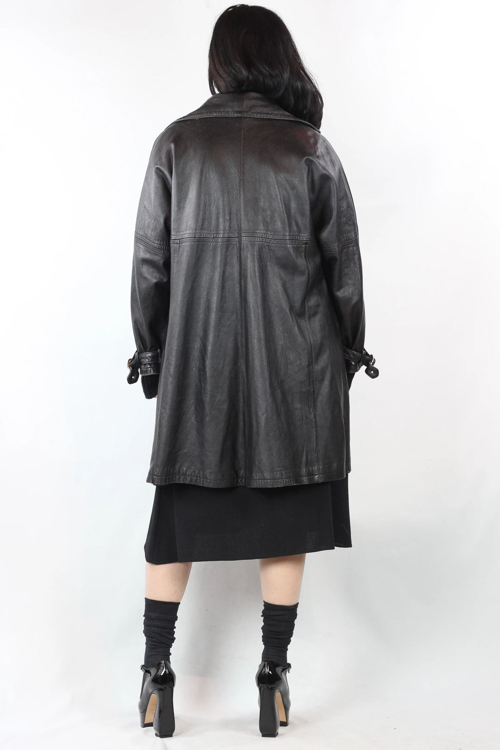 Oversized Leather Trench Coat in Dark Brown