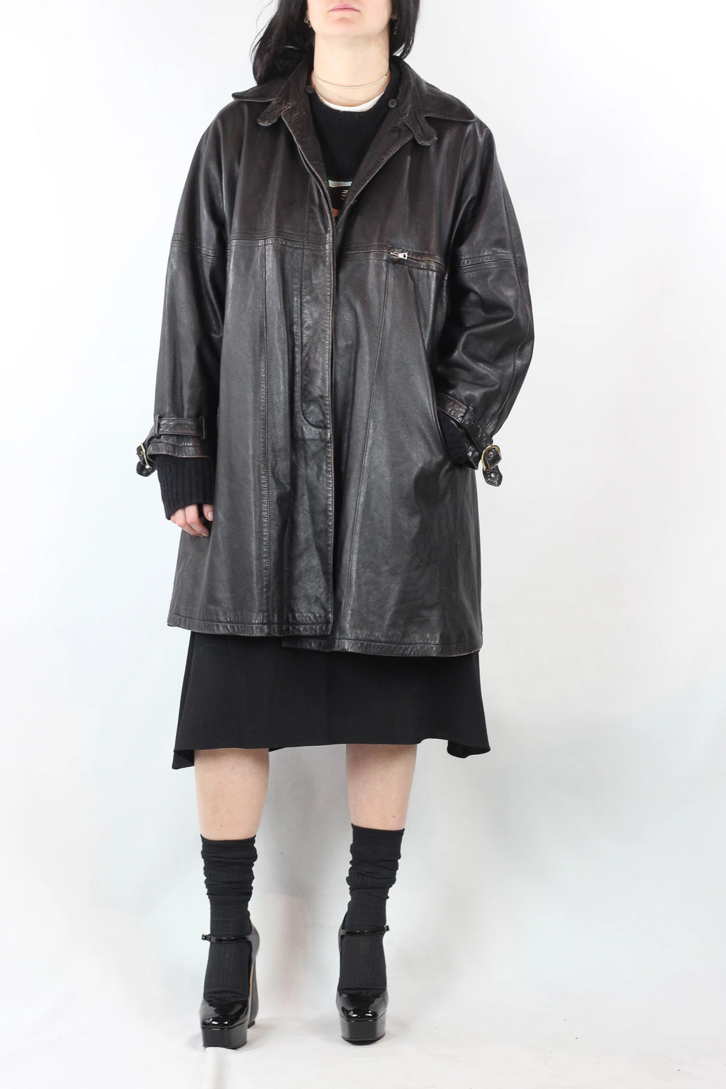 Oversized Leather Trench Coat in Dark Brown