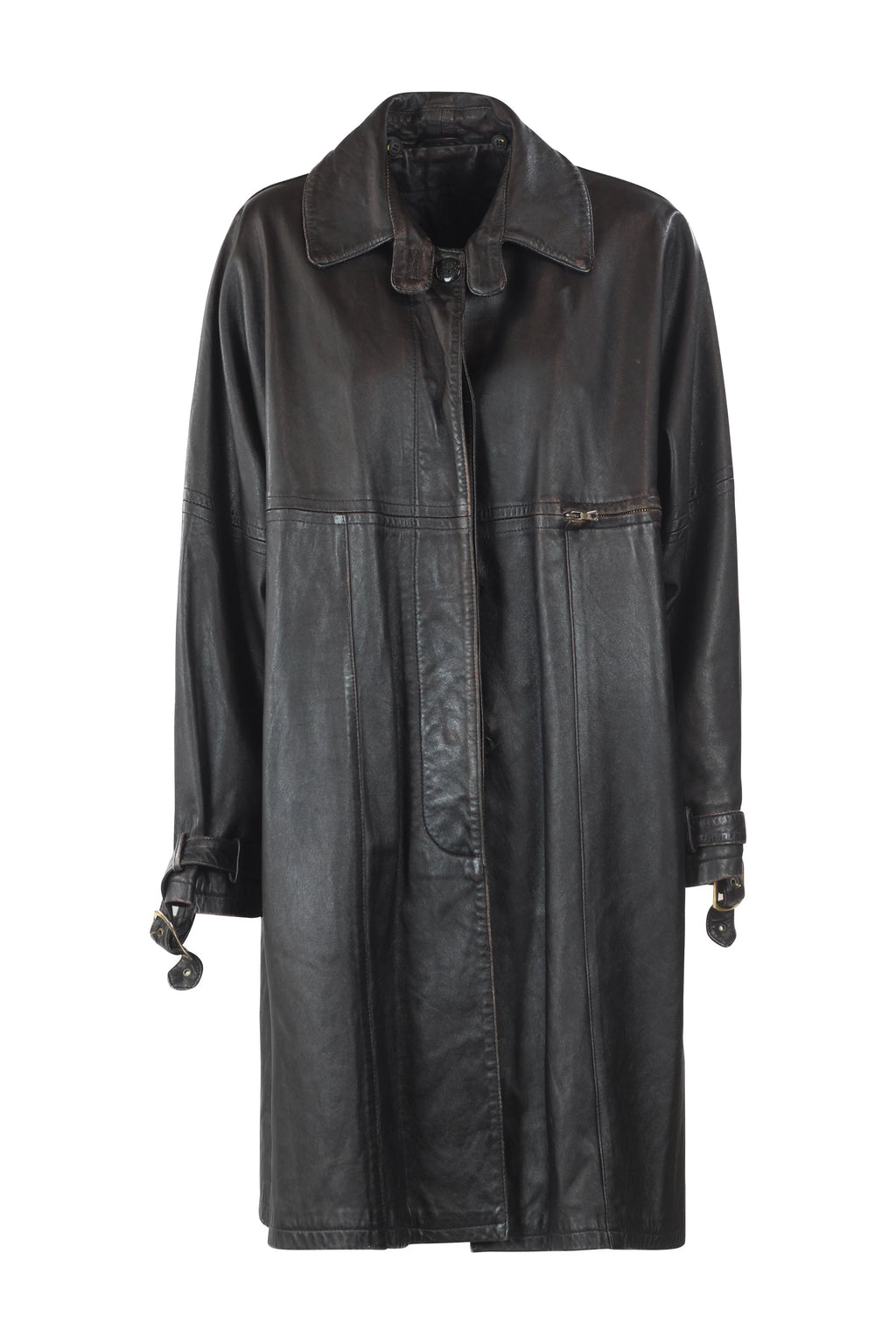 Oversized Leather Trench Coat in Dark Brown