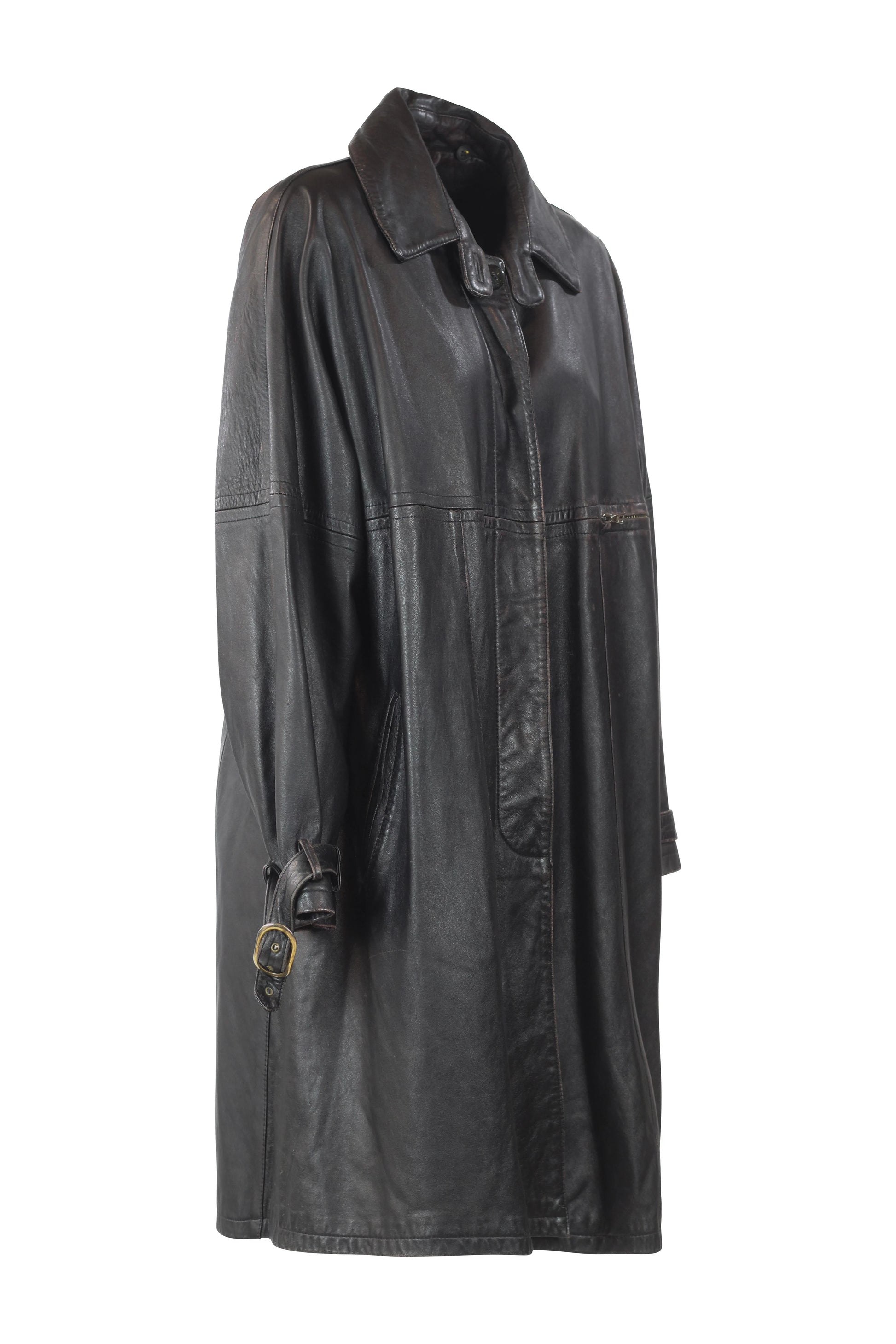 Oversized Leather Trench Coat in Dark Brown