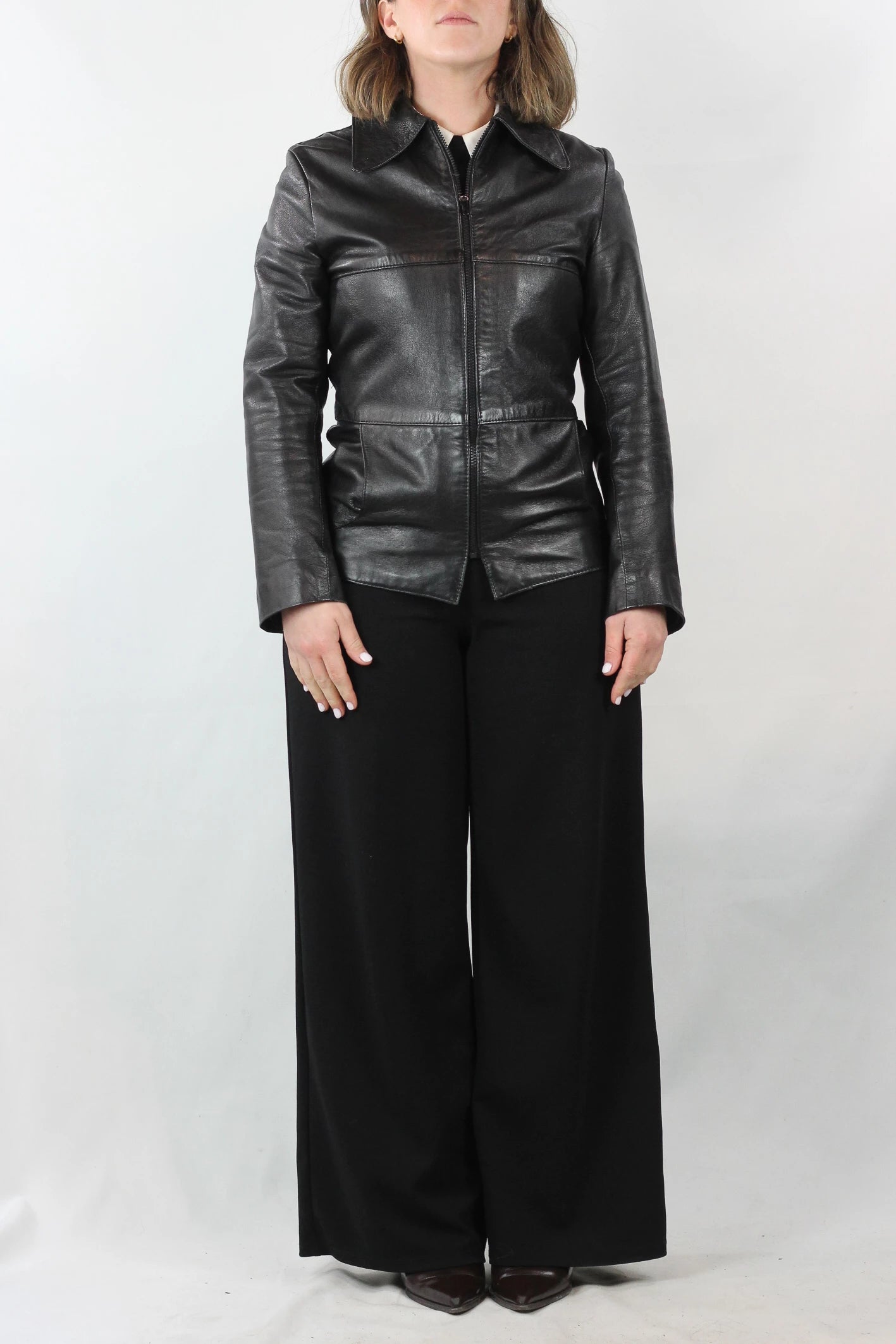 Black Leather Jacket with Zipper and Collar