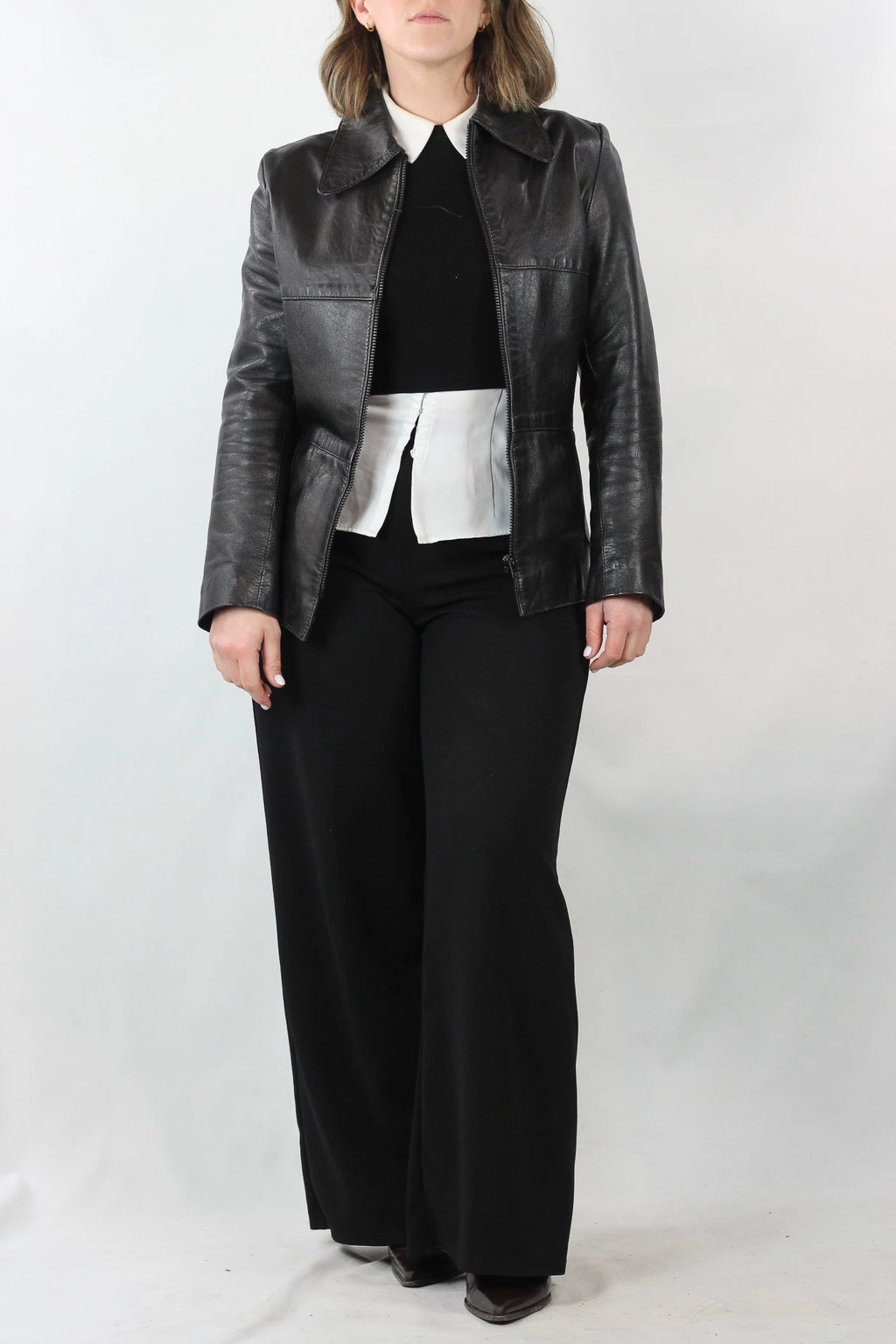 Black Leather Jacket with Zipper and Collar