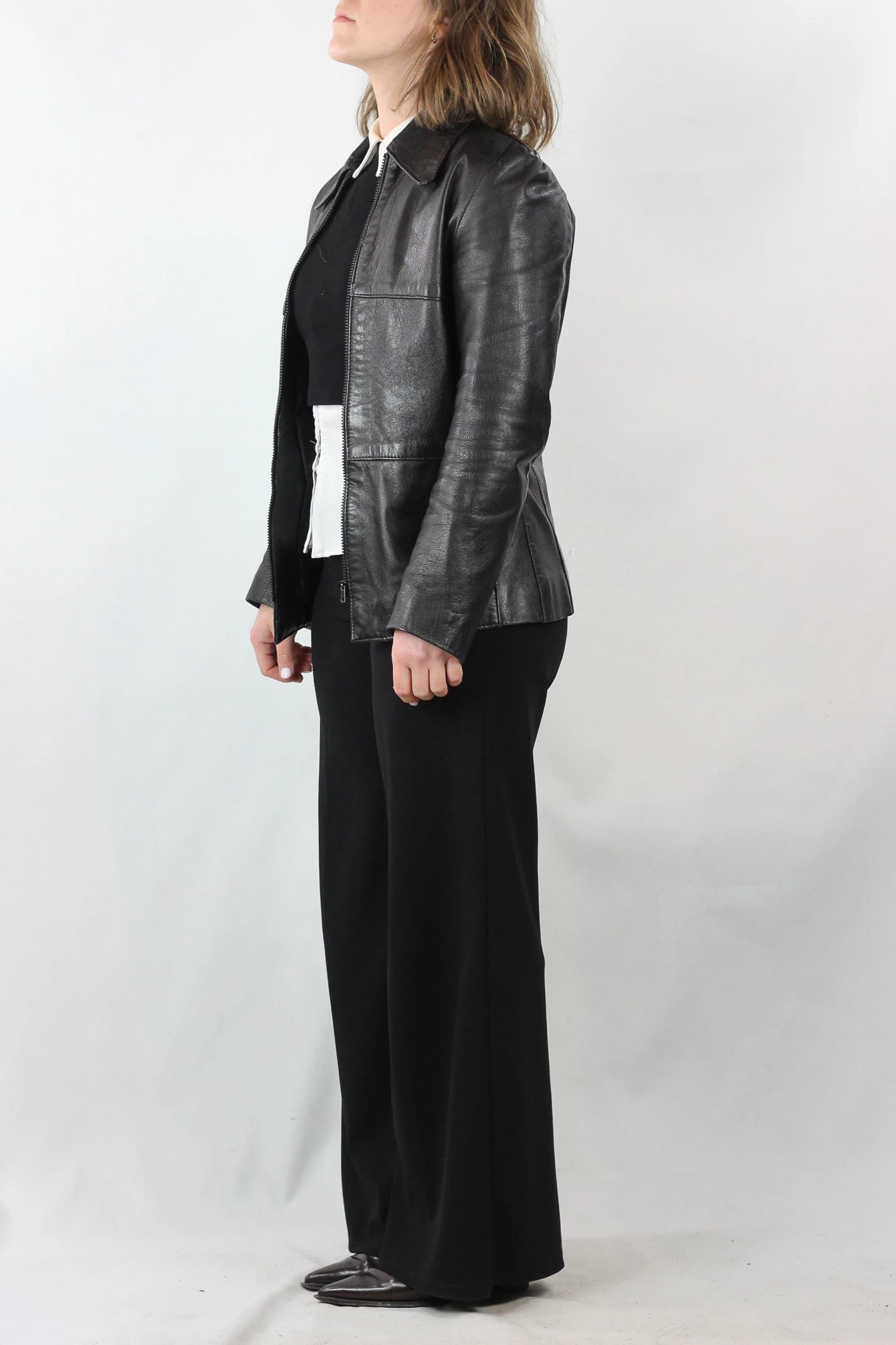 Black Leather Jacket with Zipper and Collar