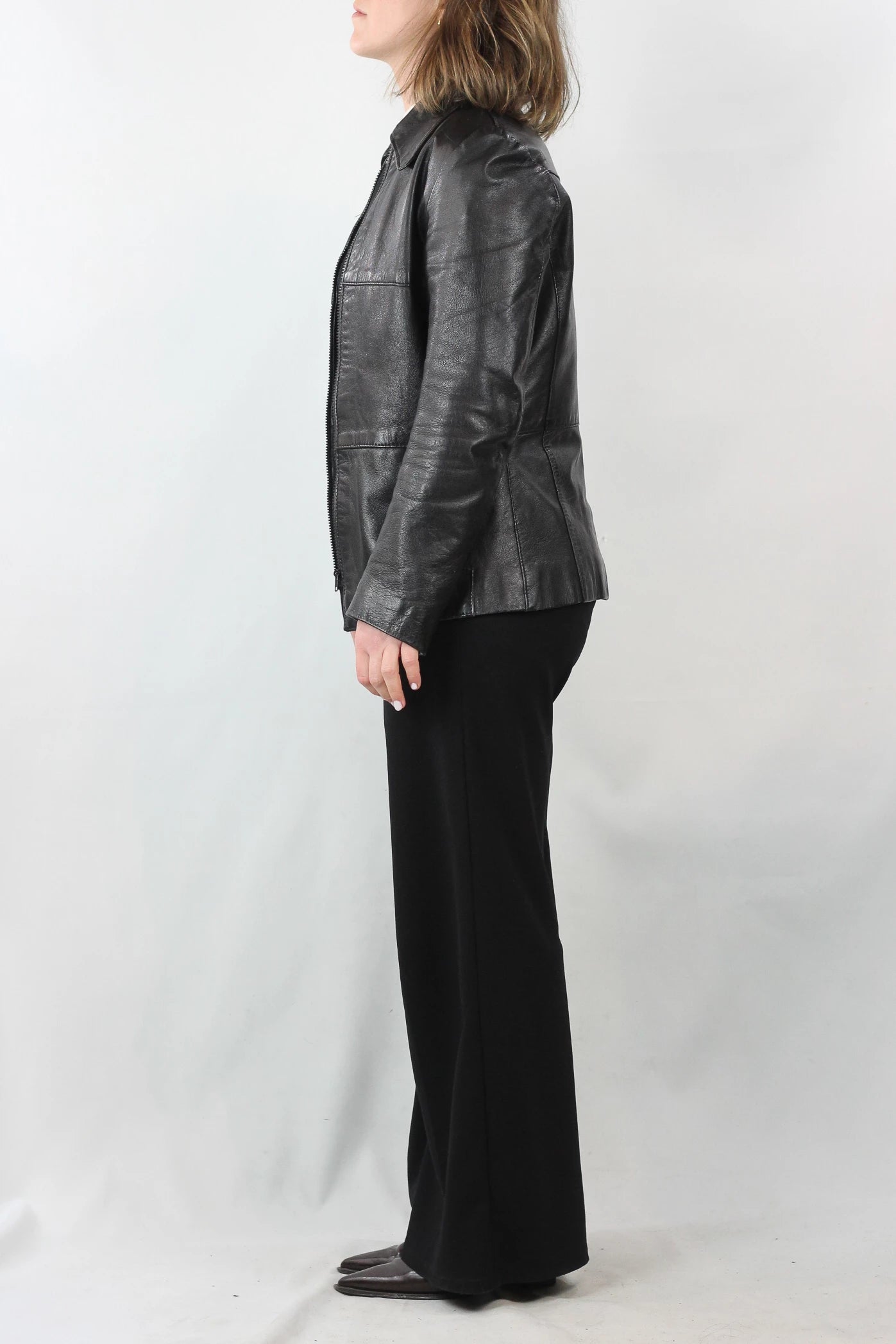 Black Leather Jacket with Zipper and Collar