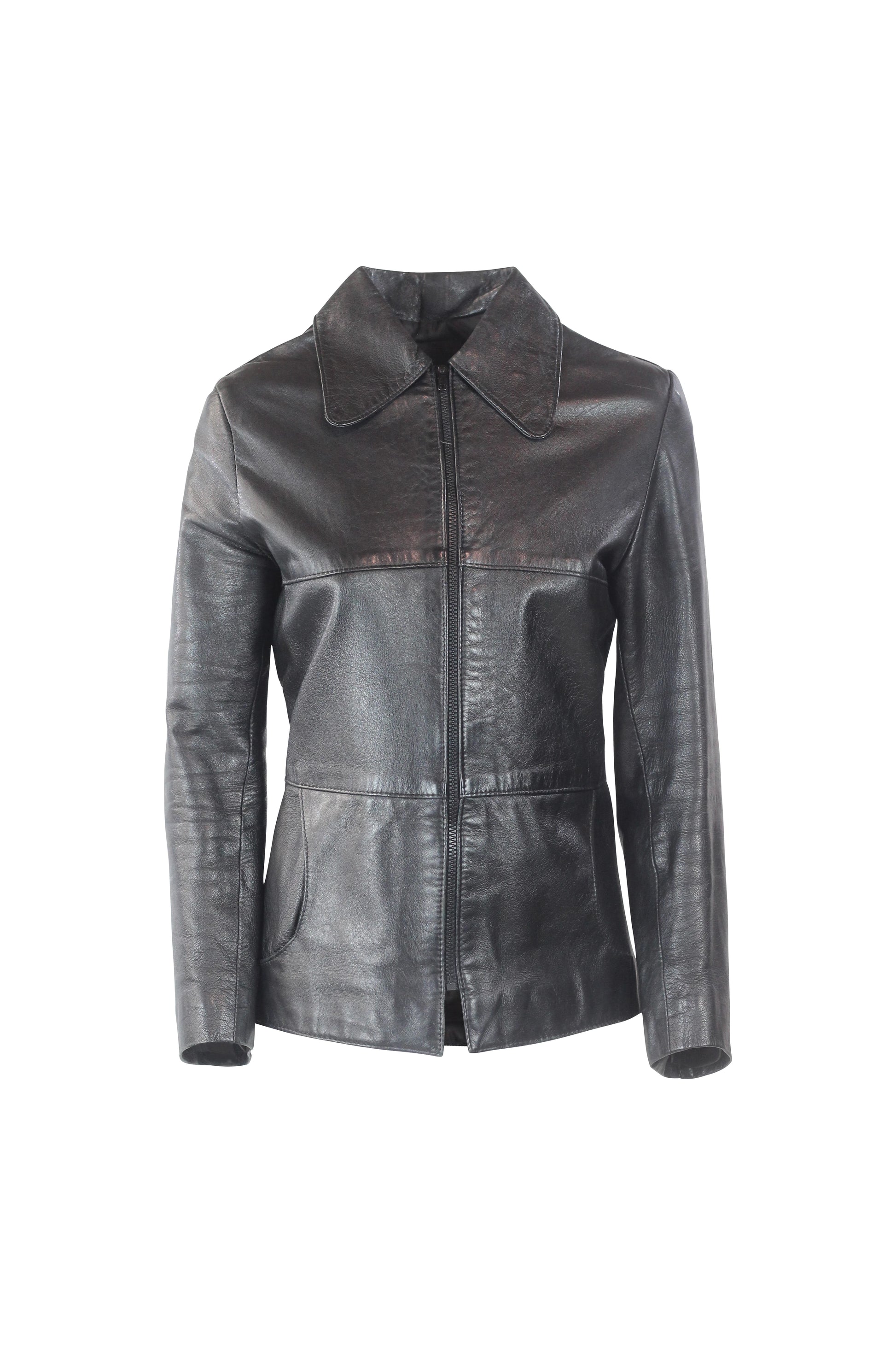 Black Leather Jacket with Zipper and Collar