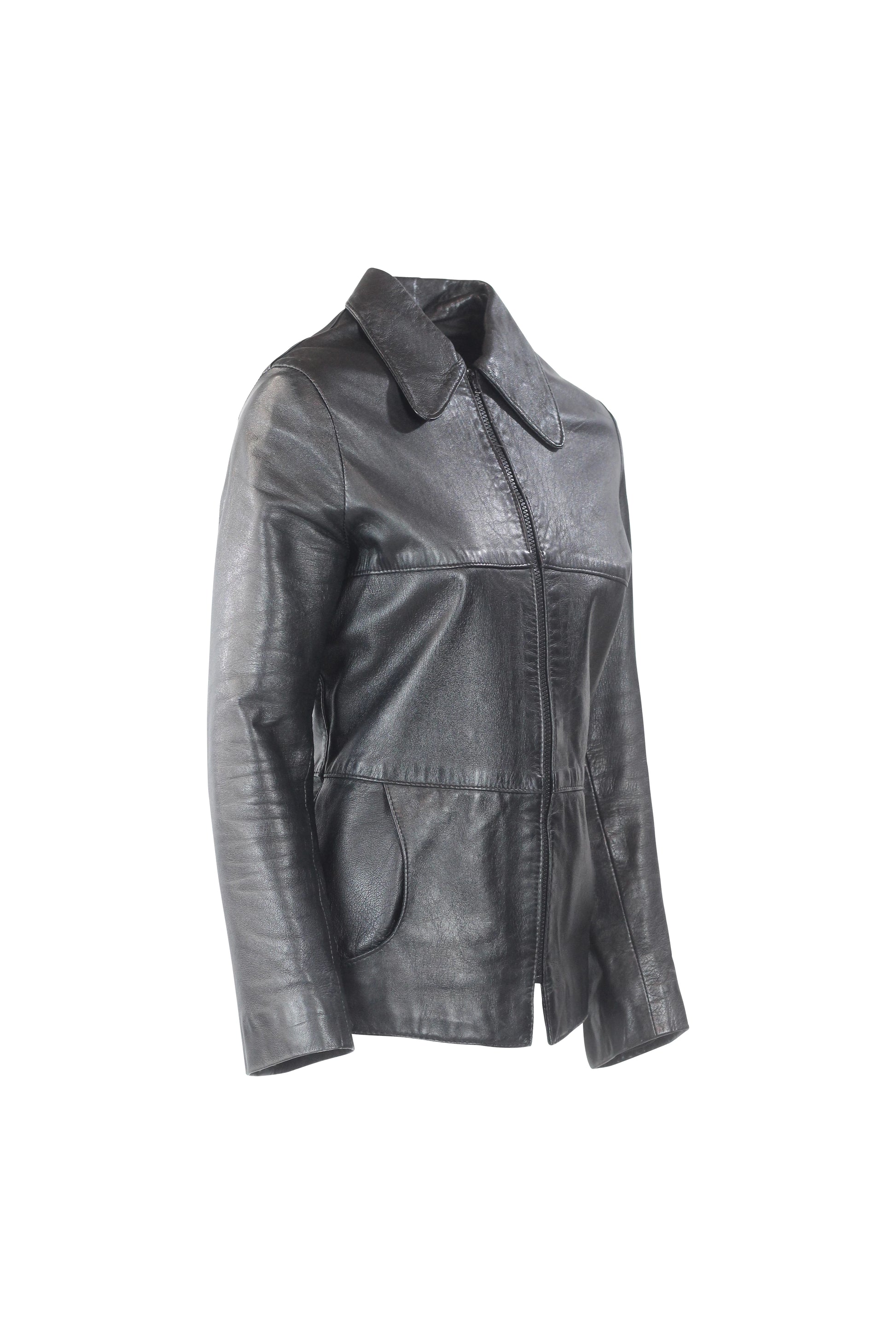 Black Leather Jacket with Zipper and Collar