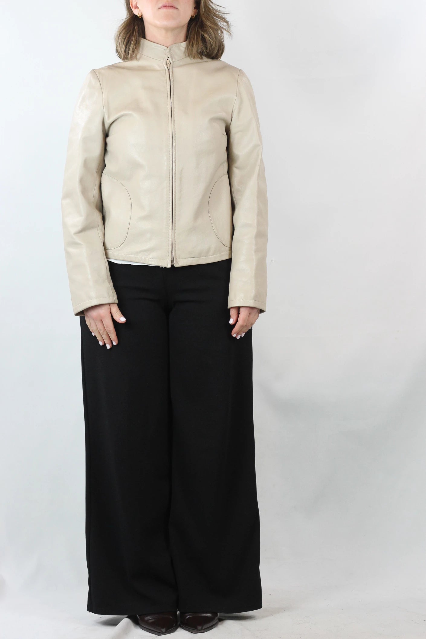 Cream Leather Biker Jacket