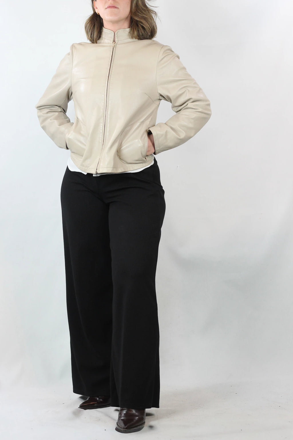 Cream Leather Biker Jacket