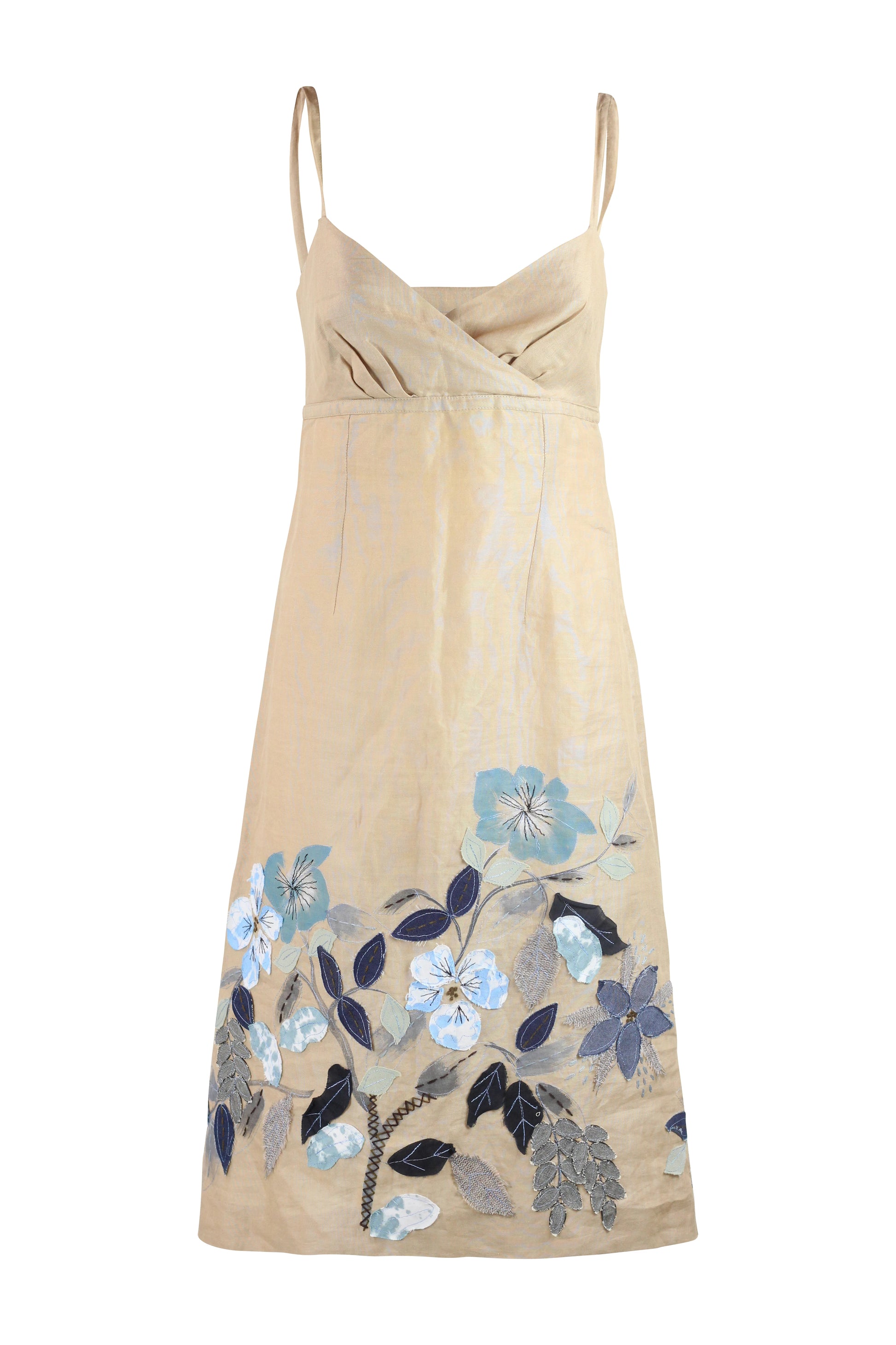 Beige Linen Empire Dress with Blue Floral Embroidery