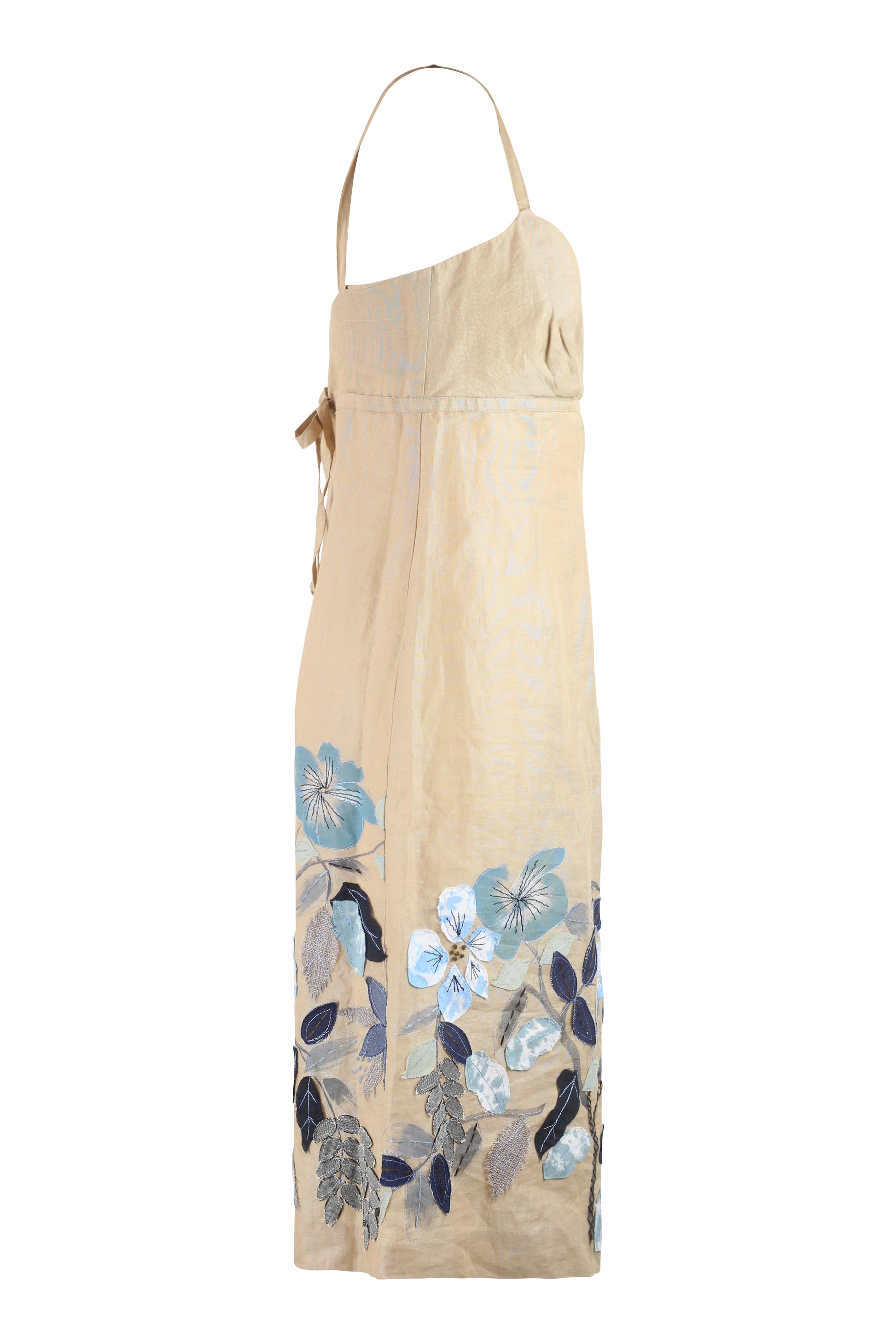 Beige Linen Empire Dress with Blue Floral Embroidery