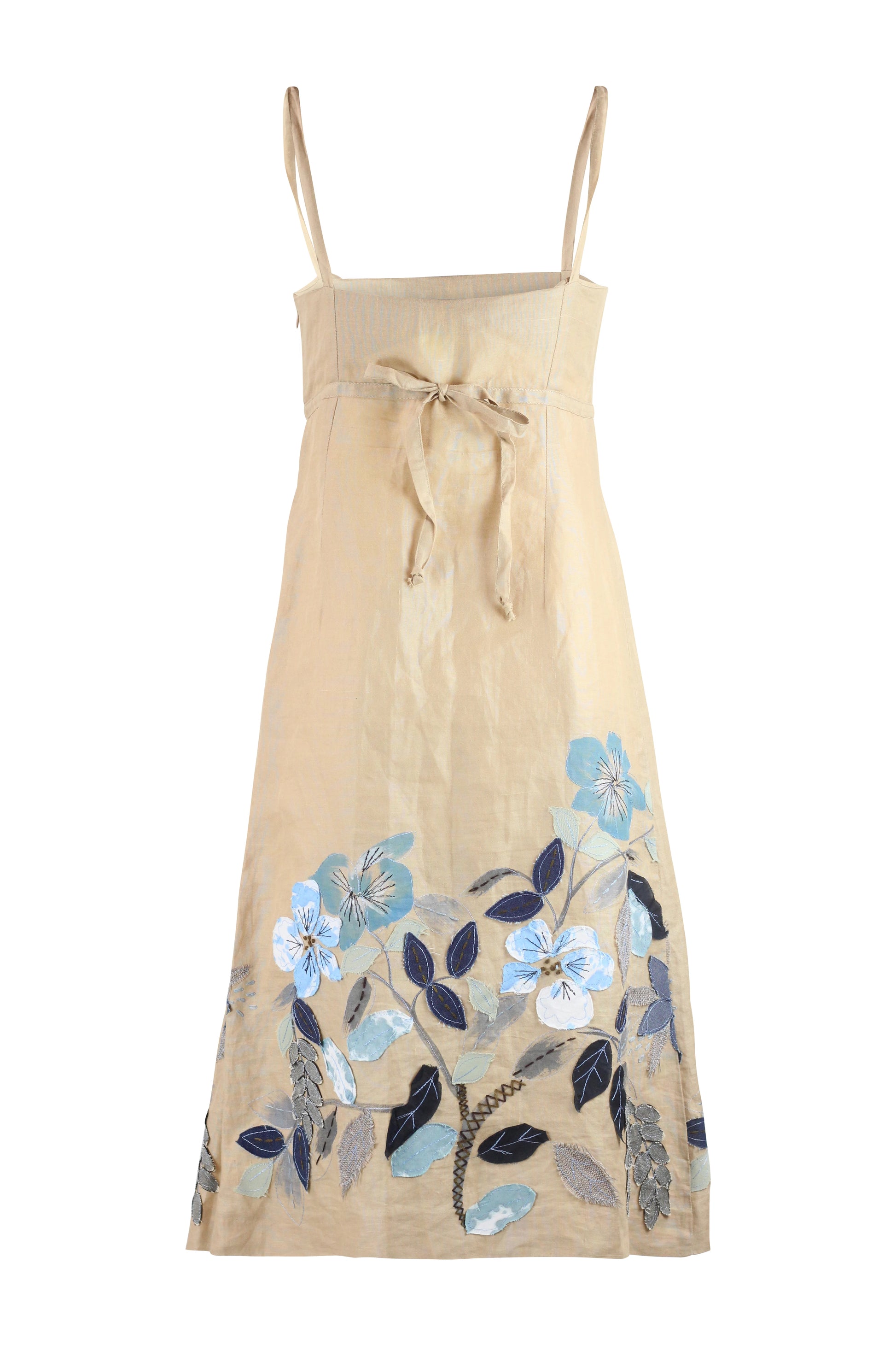 Beige Linen Empire Dress with Blue Floral Embroidery