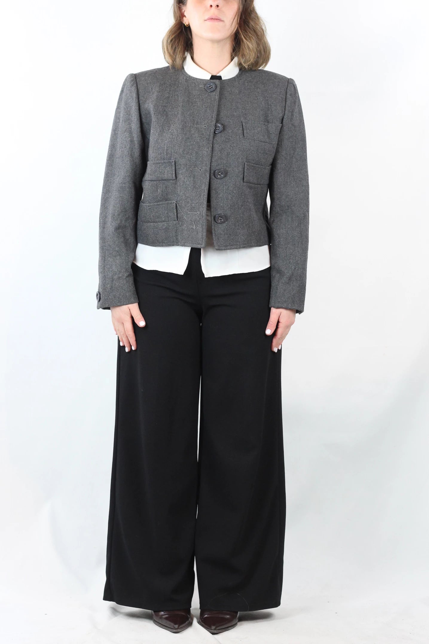 Grey Wool Cropped Jacket with Boxy Fit