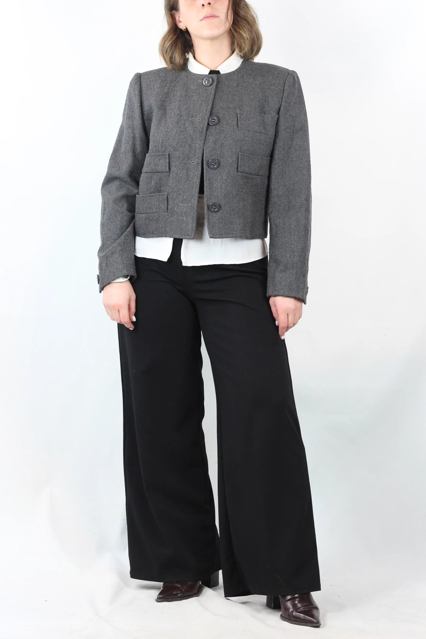 Grey Wool Cropped Jacket with Boxy Fit