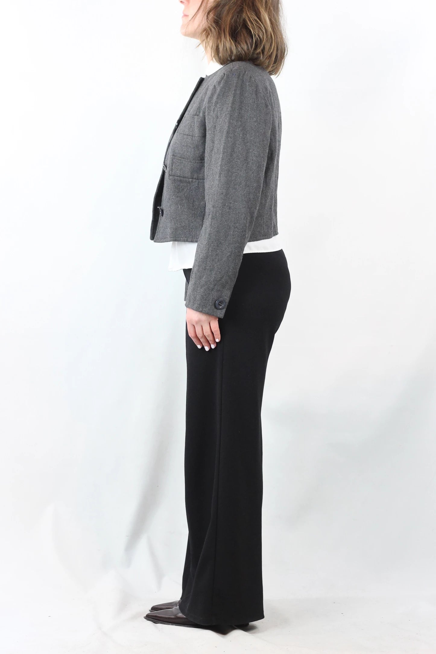 Grey Wool Cropped Jacket with Boxy Fit