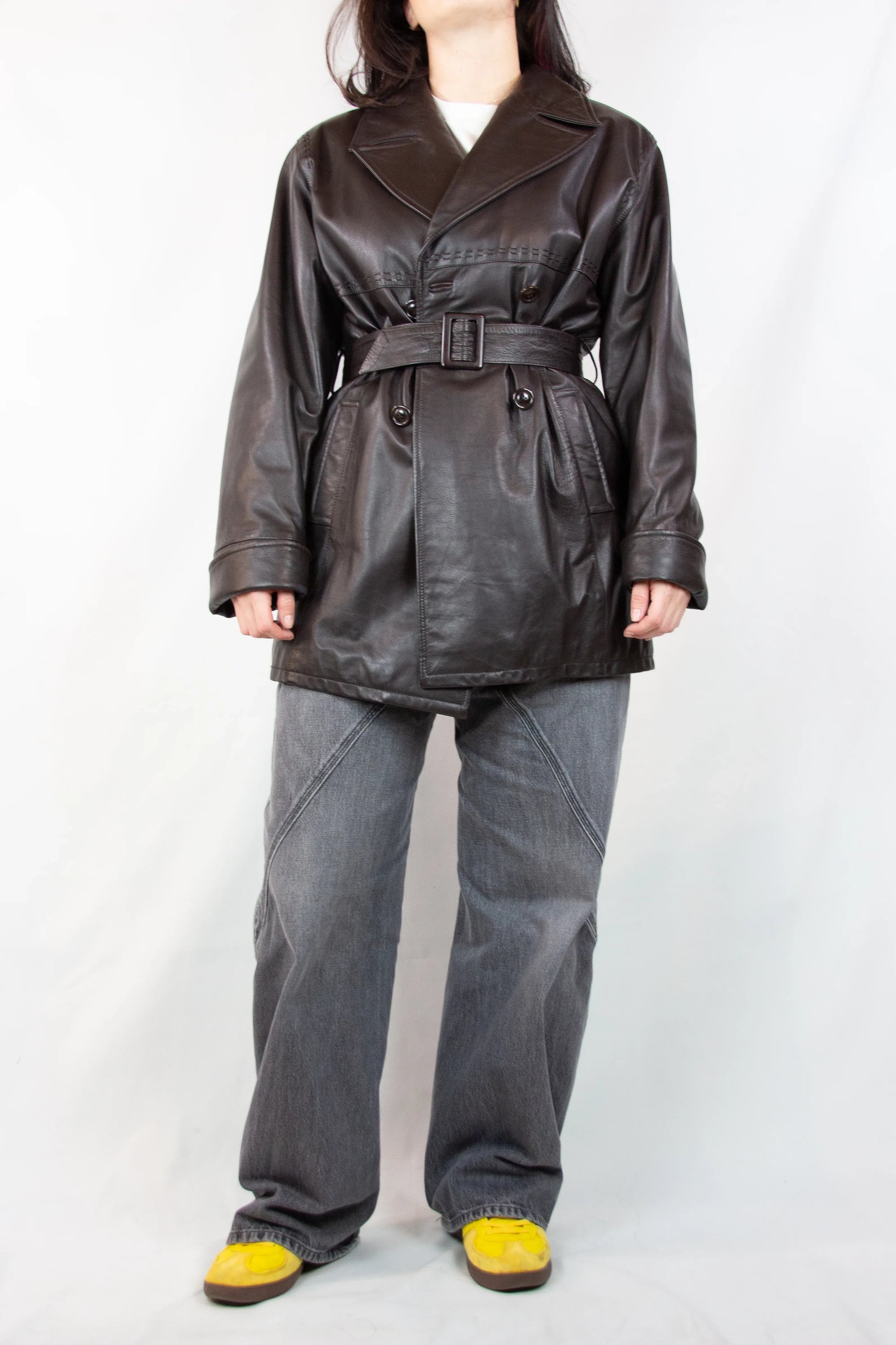 Vintage Dark Brown Leather Coat with Waist Belt