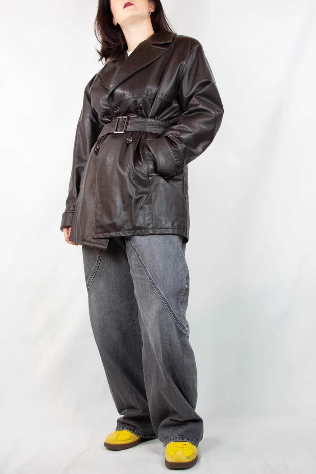 Vintage Dark Brown Leather Coat with Waist Belt
