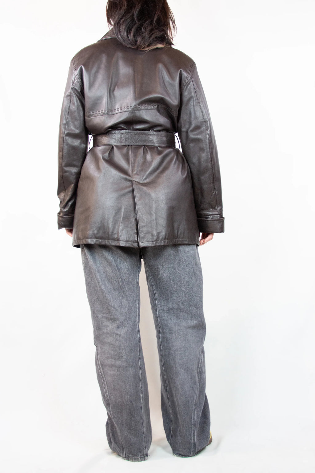 Vintage Dark Brown Leather Coat with Waist Belt