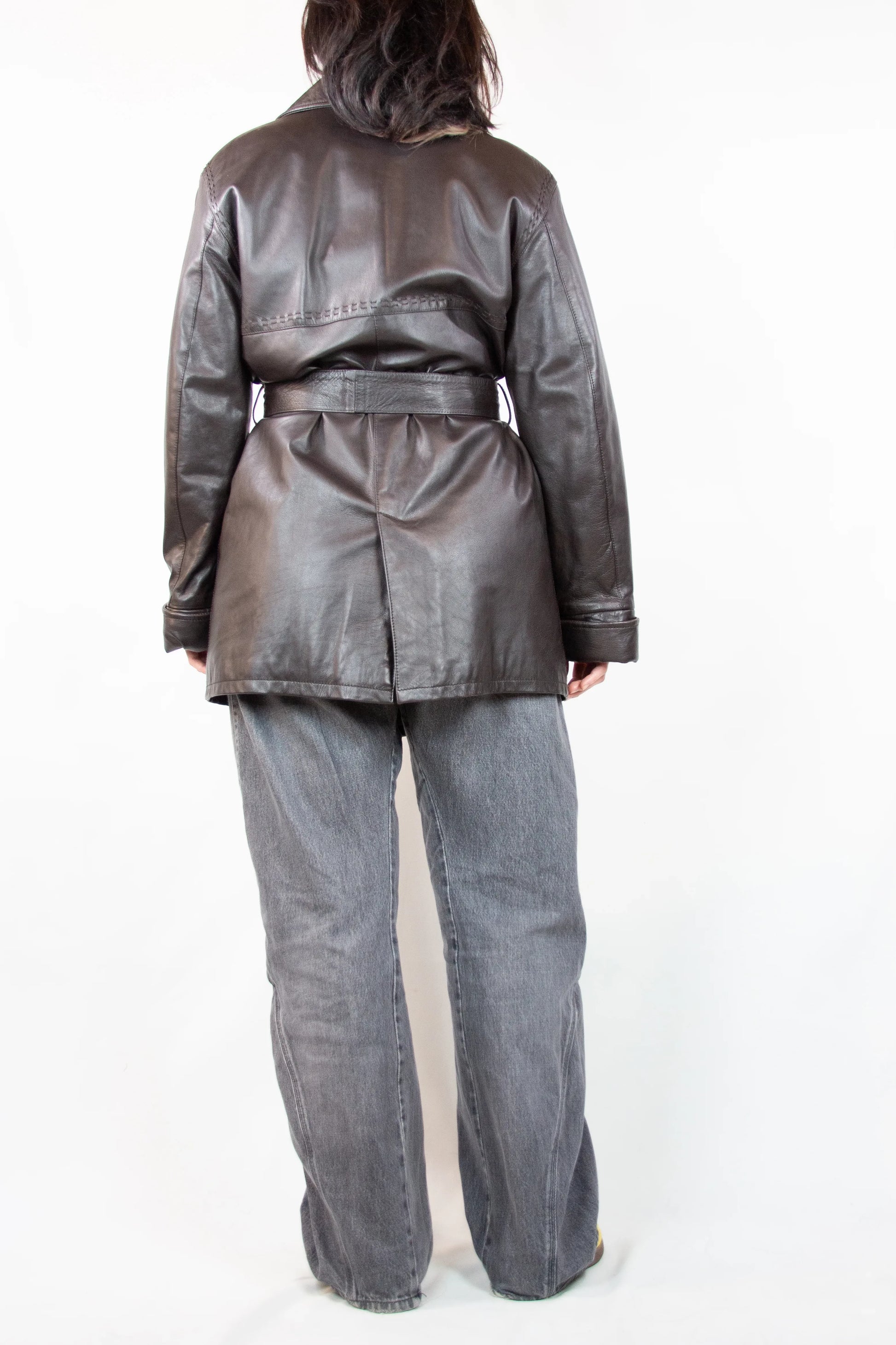 Vintage Dark Brown Leather Coat with Waist Belt