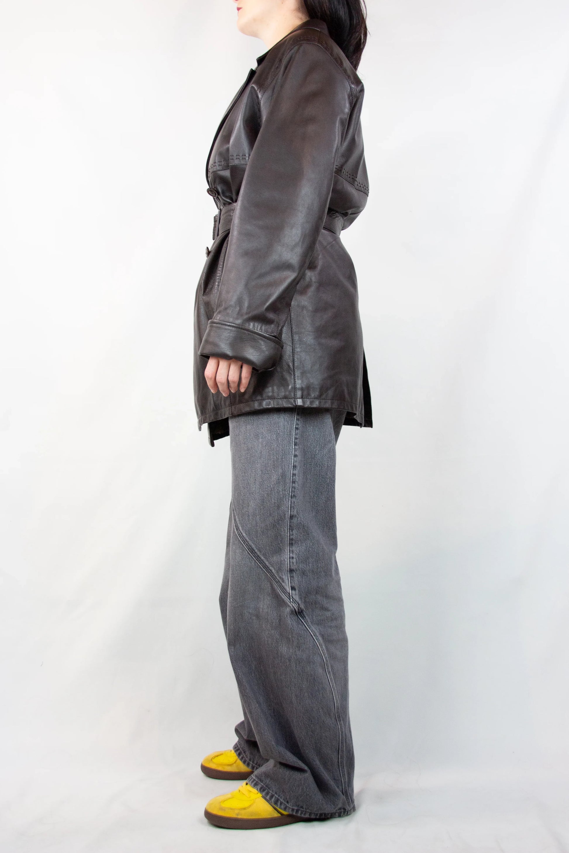 Vintage Dark Brown Leather Coat with Waist Belt