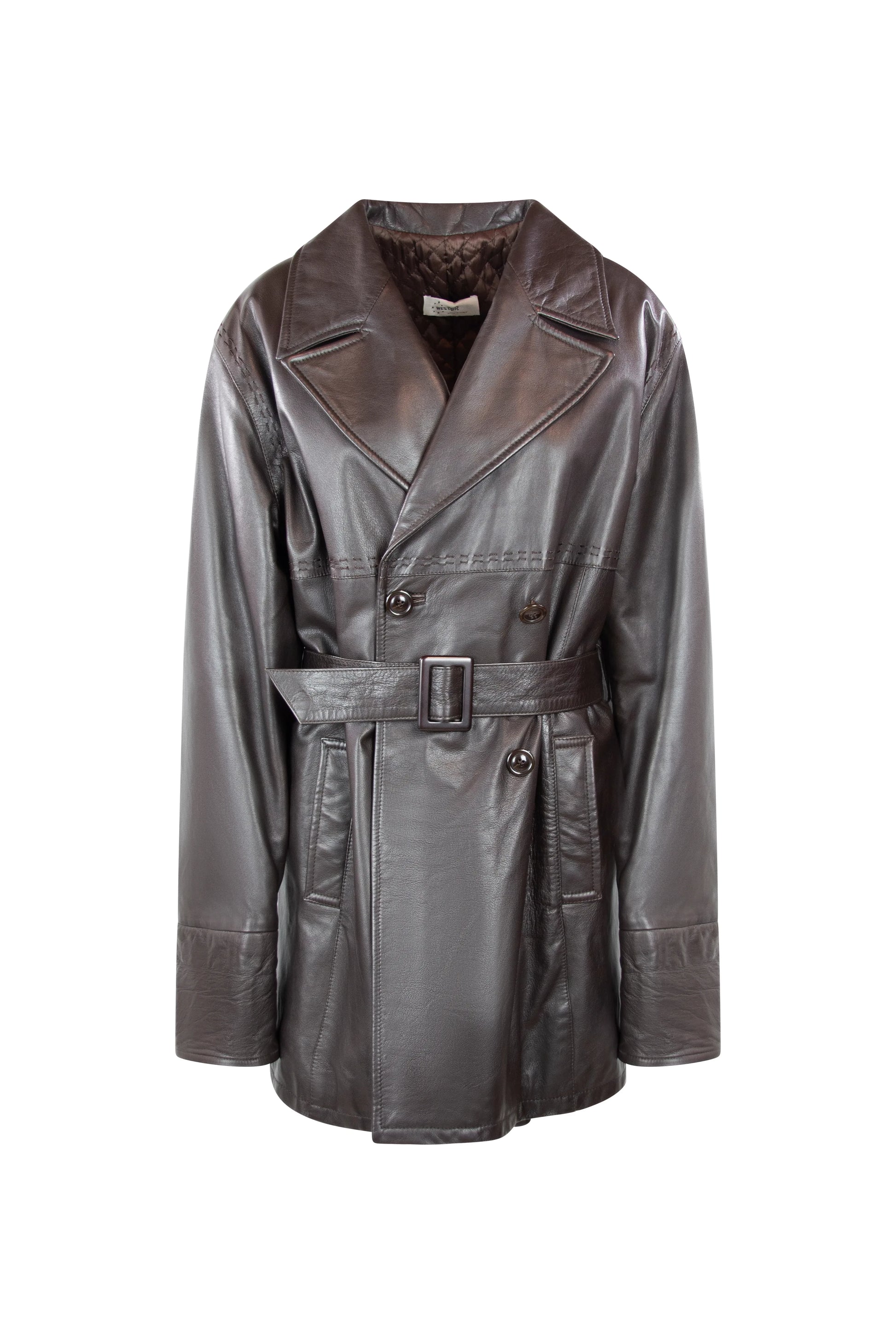 Vintage Dark Brown Leather Coat with Waist Belt